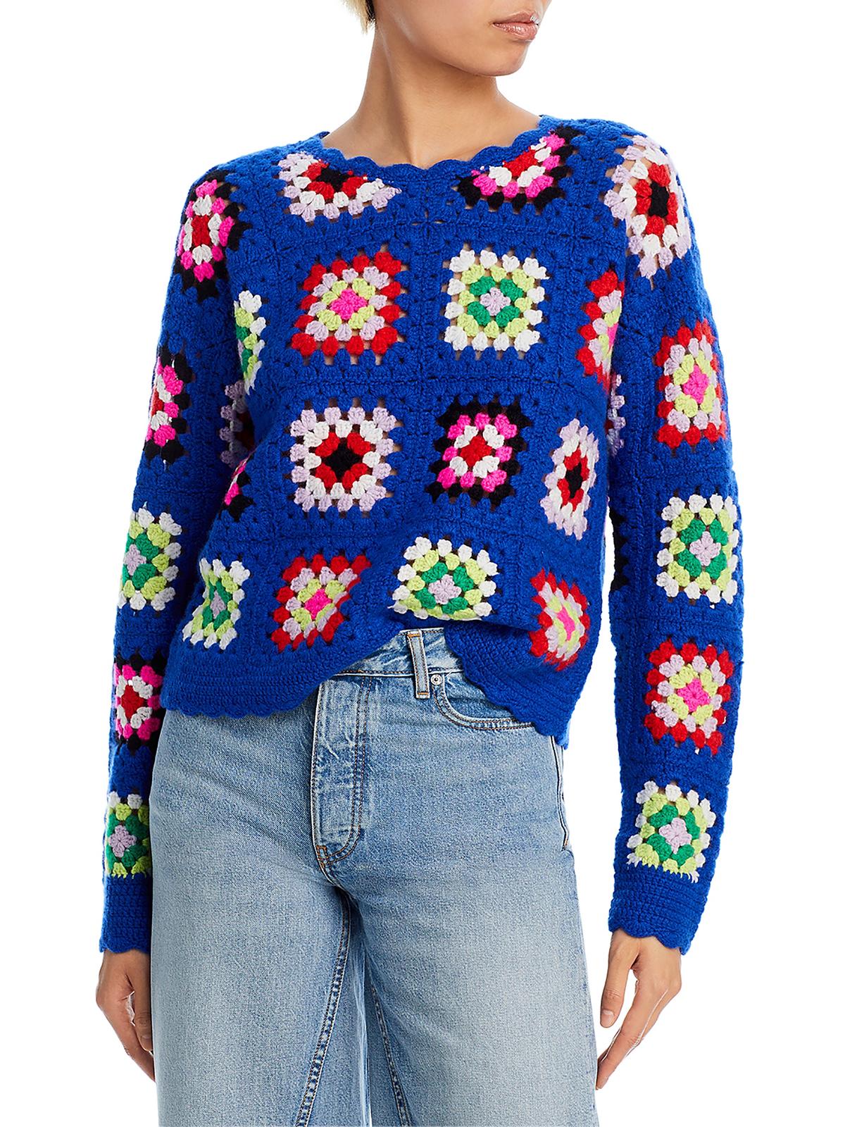 Aqua Womens Cashmere Crochet Crewneck Sweater In Blue