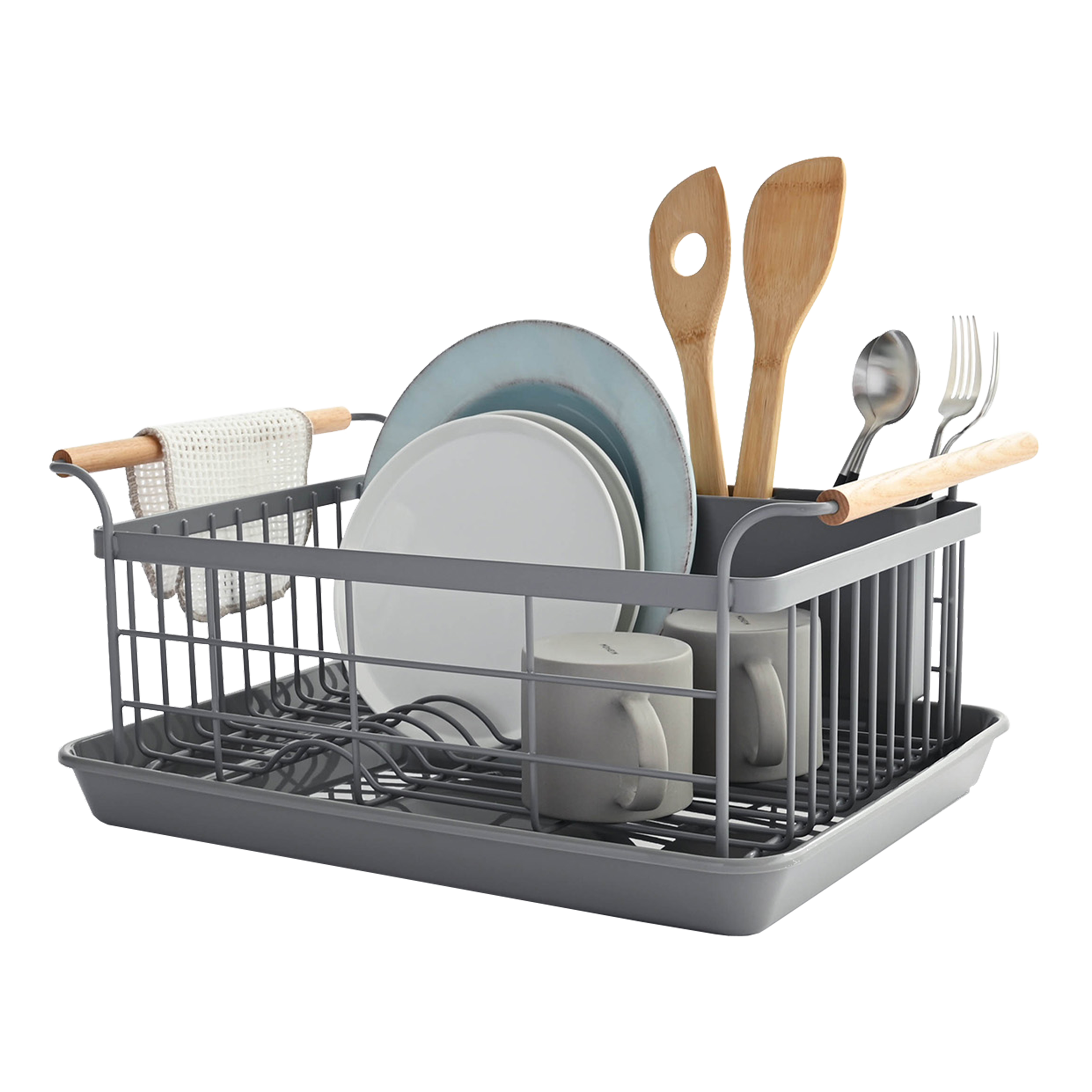 Yamazaki Home Dish Rack, Steel + Wood, Supports 22 pounds, Drainer Tray, Handles, Utensil Holder, Water Resistant, No Assembly