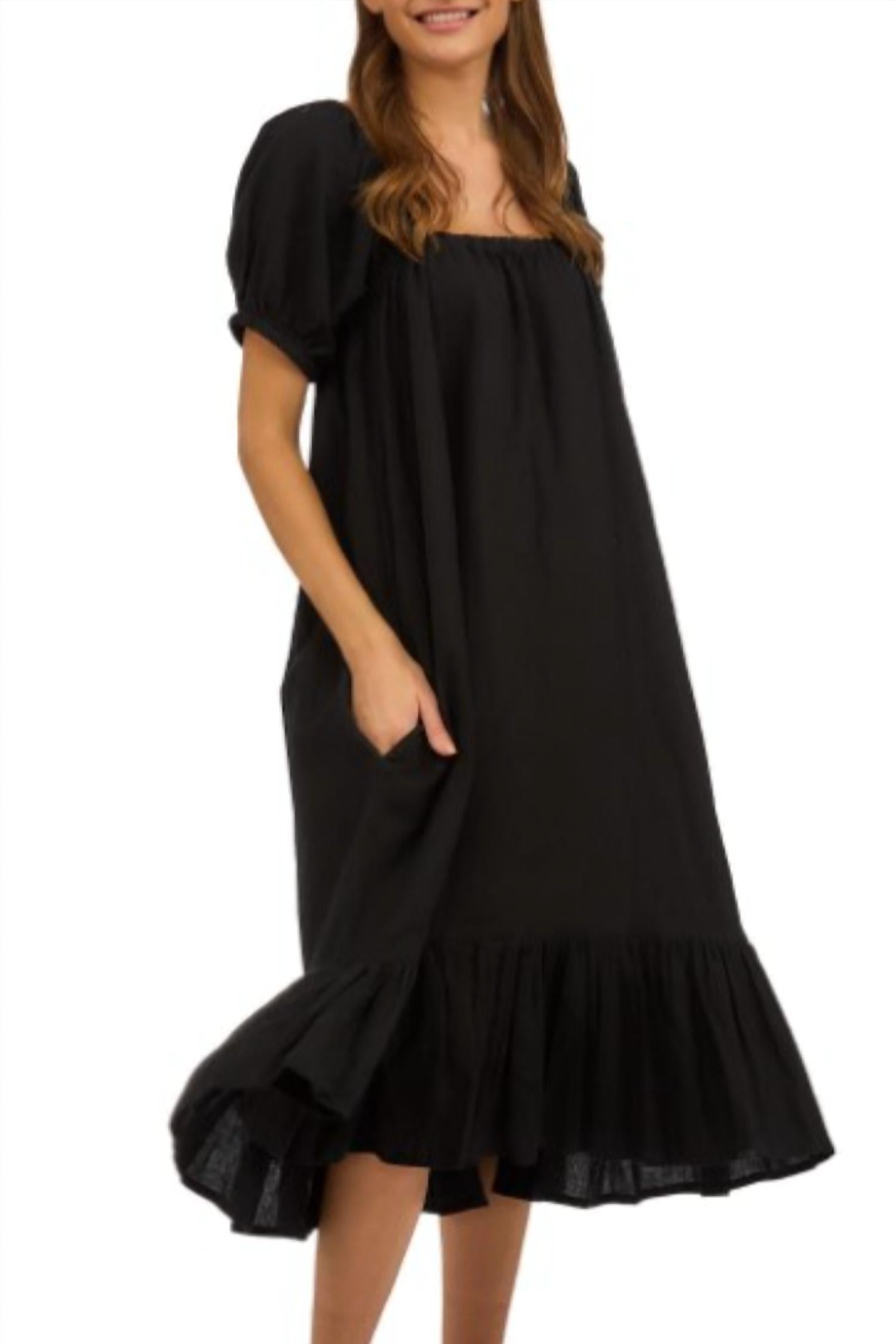 Shop Two's Company Puff Sleeve Airy Cotton Dress In Black