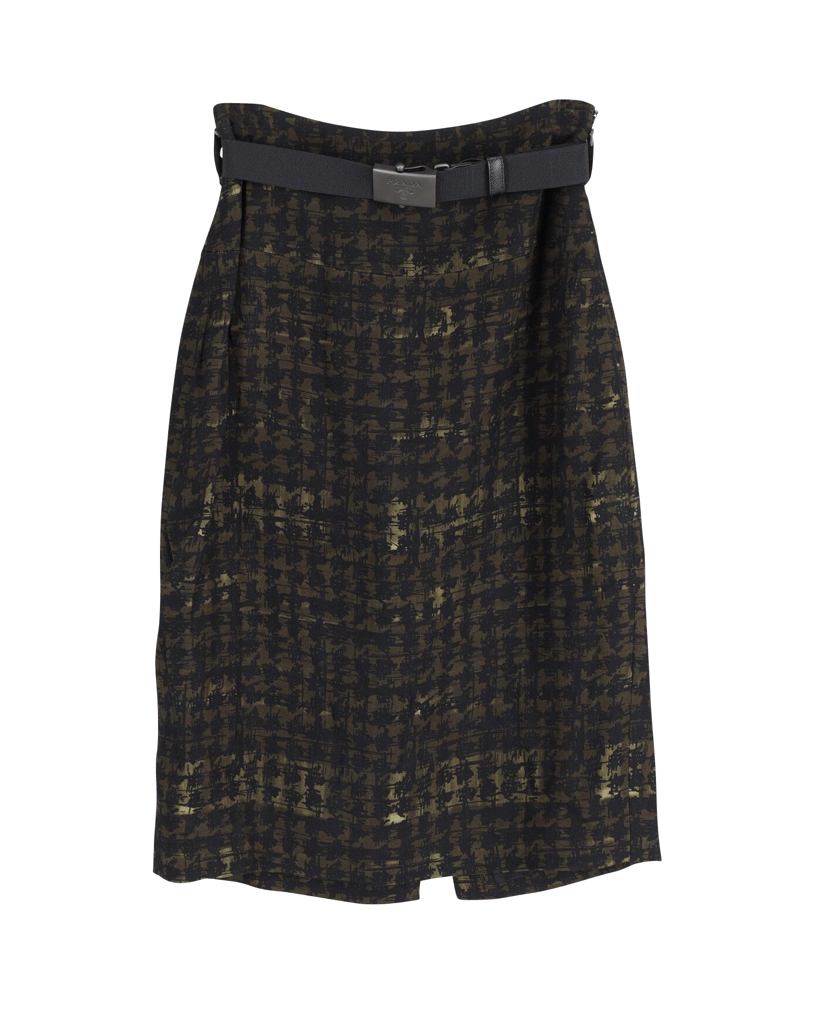 image of Prada Pencil Skirt with Belt Buckle Logo in Green Print Viscose