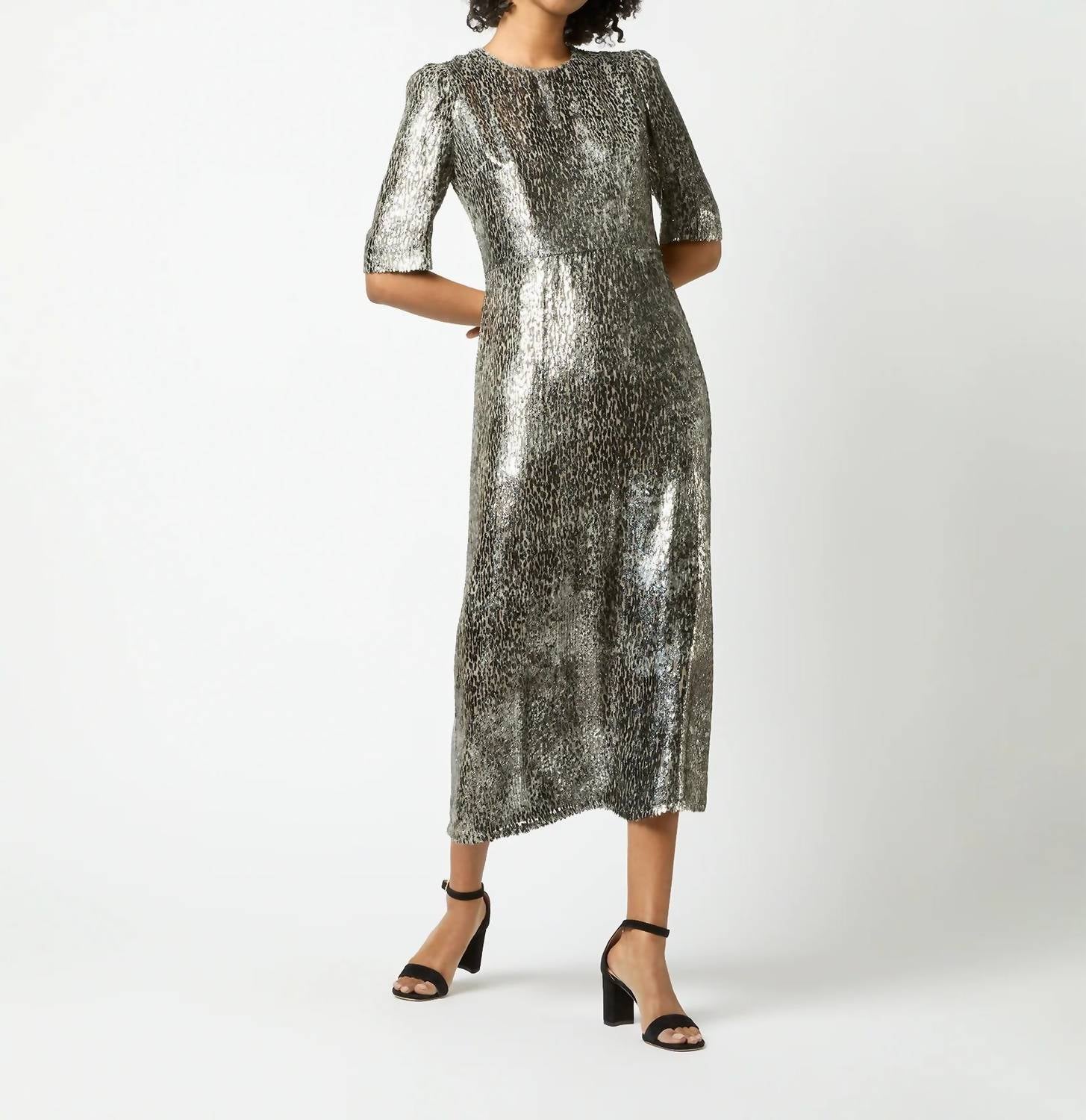 Ann Mashburn Lois Dress In Olive Metallic In Silver