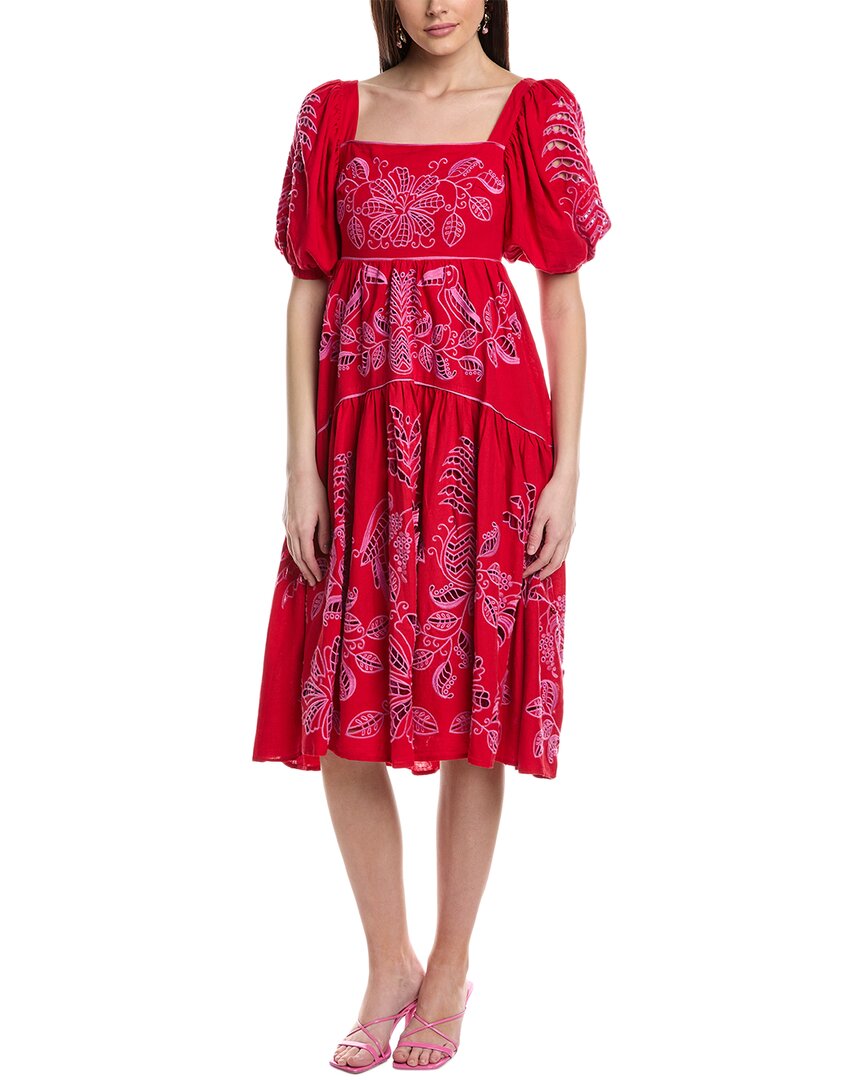 Farm Rio Palm Tree Richilieu Linen-blend Midi Dress In Red