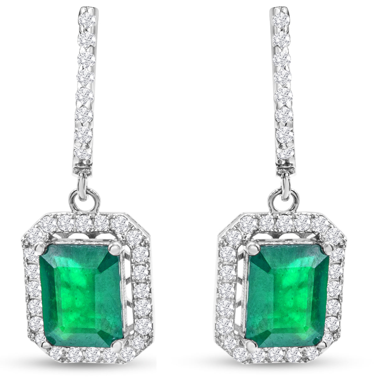 Sselects 4 1/2 Carat Emerald And Diamond Drop Earrings In 14 Karat White I-j, I1-i2 In Gold