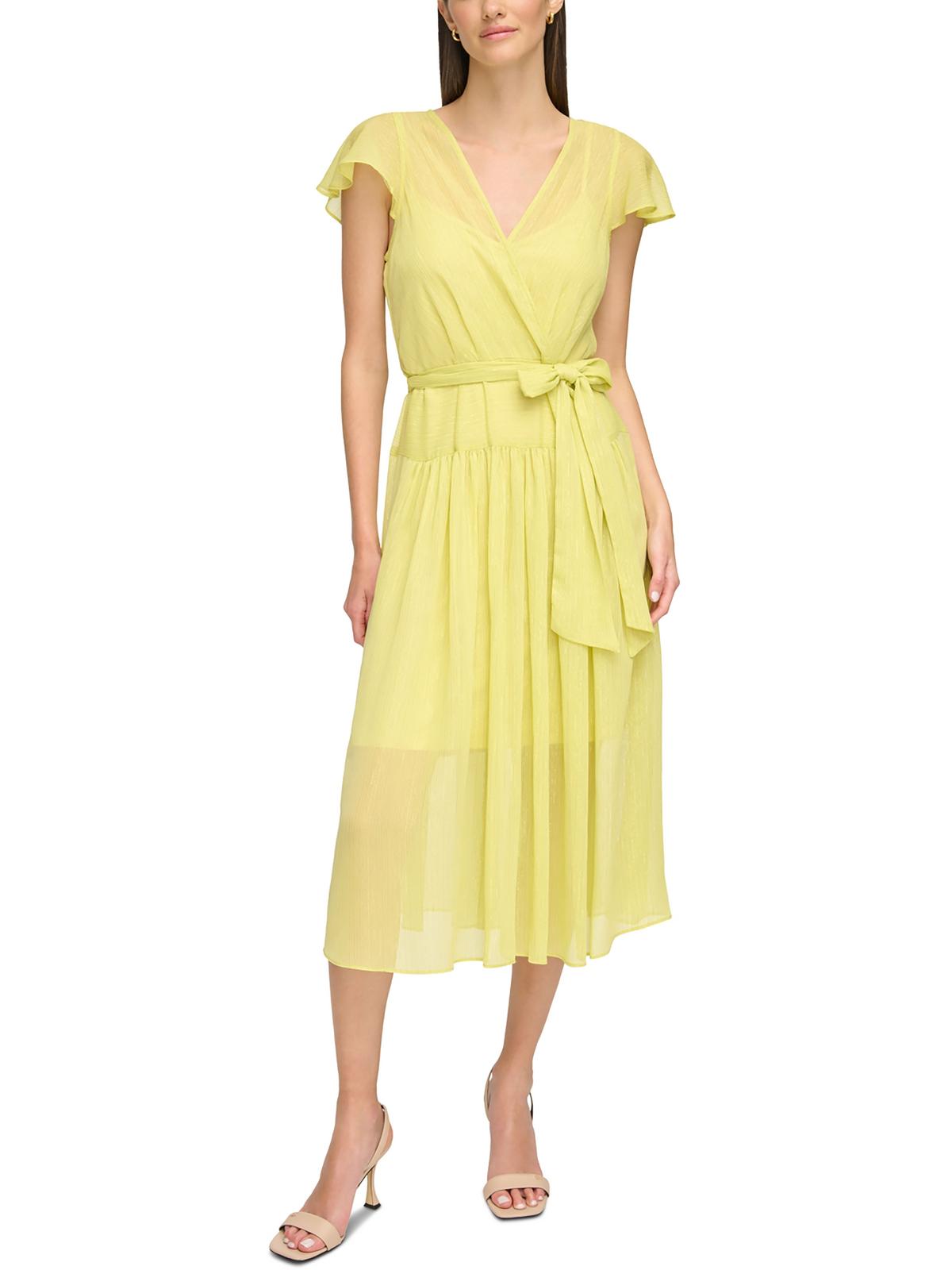 Calvin Klein Womens Metallic Chiffon Wrap Dress In Yellow