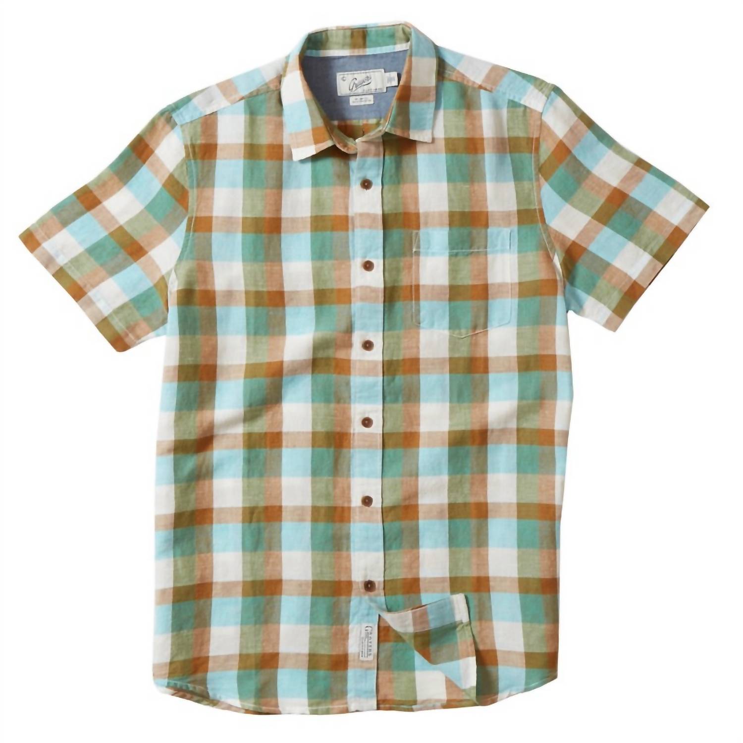 Shop Grayers Men Madras Short Sleeve Plaid Shirt In Green/brown/lt Blue