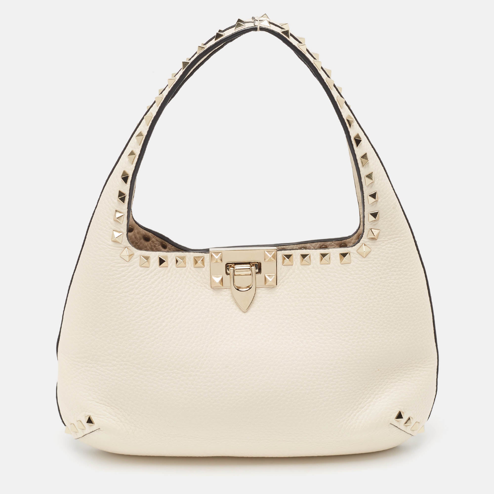 Valentino Garavani Offleather Small Rockstud Hobo In Gold