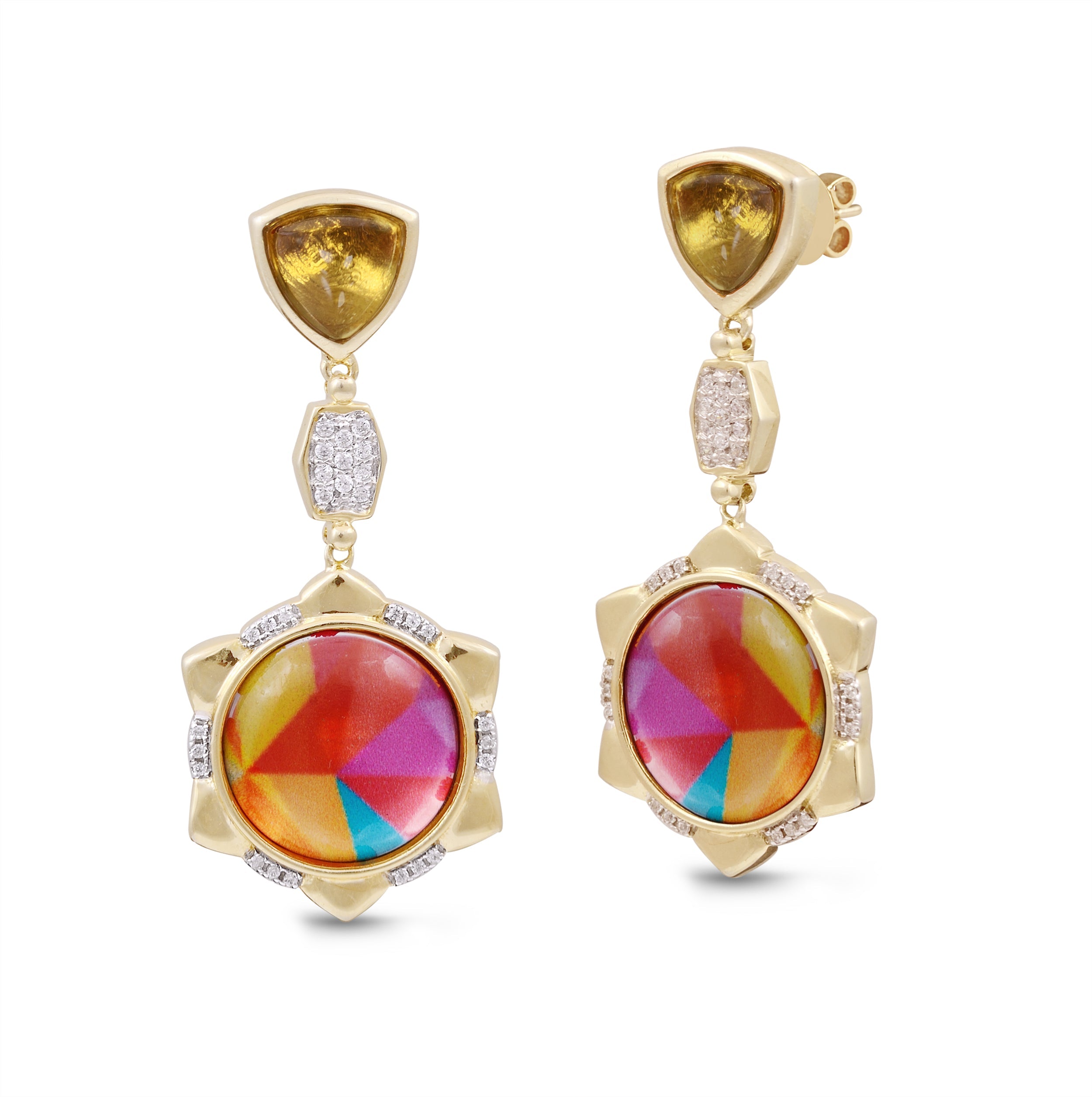 Girl on Fire Design Citrine Gemstone Diamond Yellow Gold Plated Silver Mosaic Earrings