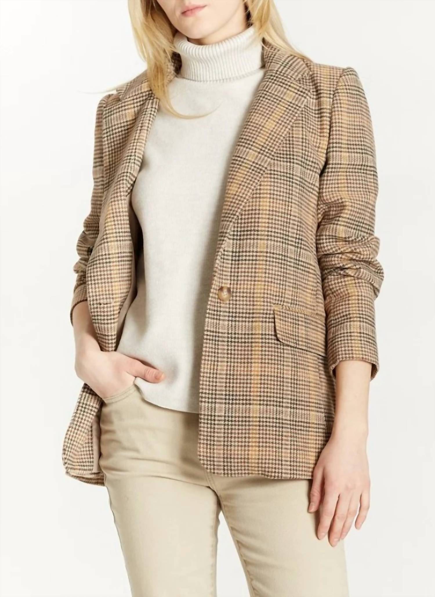 Shop Oat New York Slim Boyfriend Blazer In Brown/beige Multi