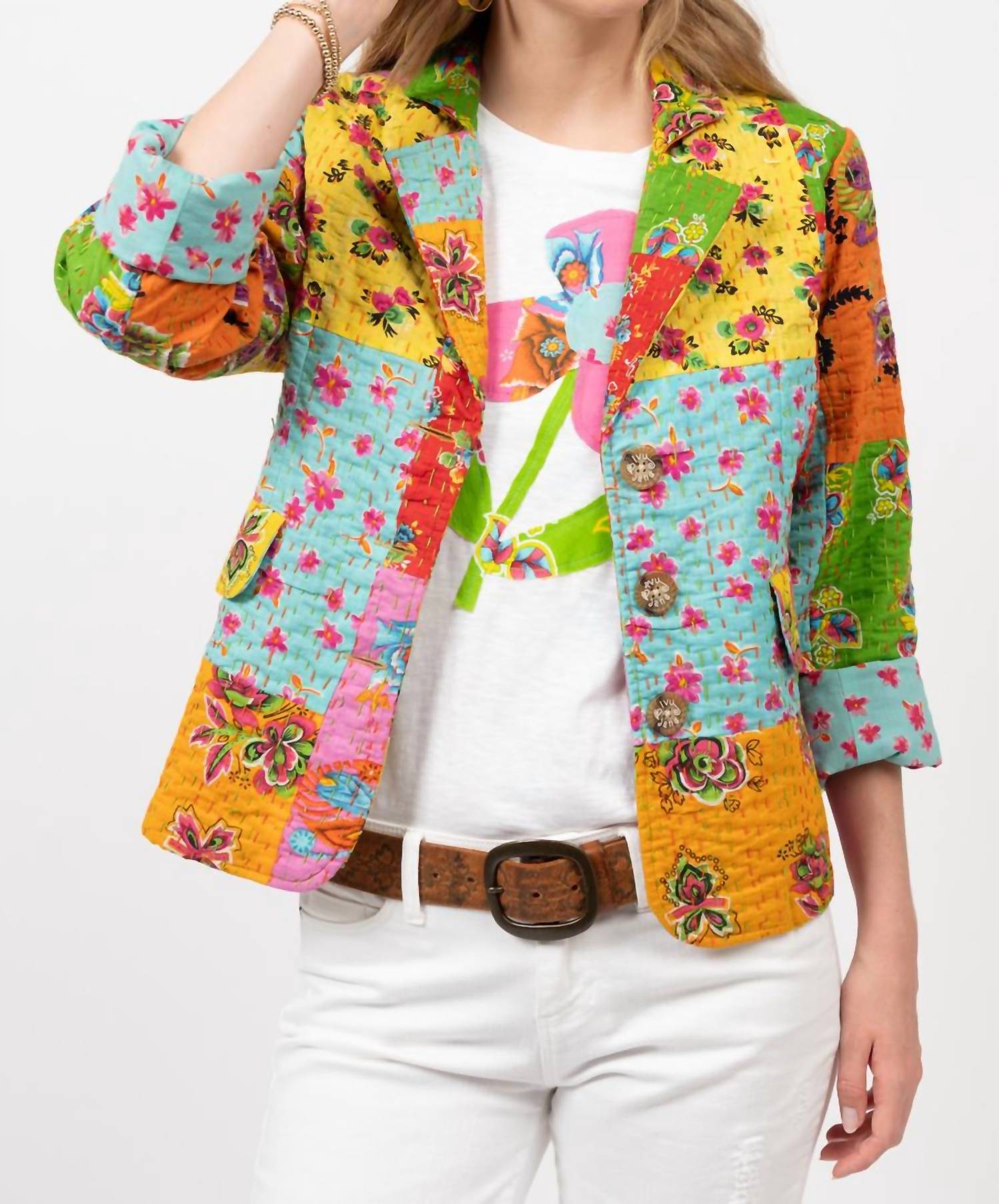 Ivy Jane Kantha Stitch Patchwork Blazer In Multicolor In Multi
