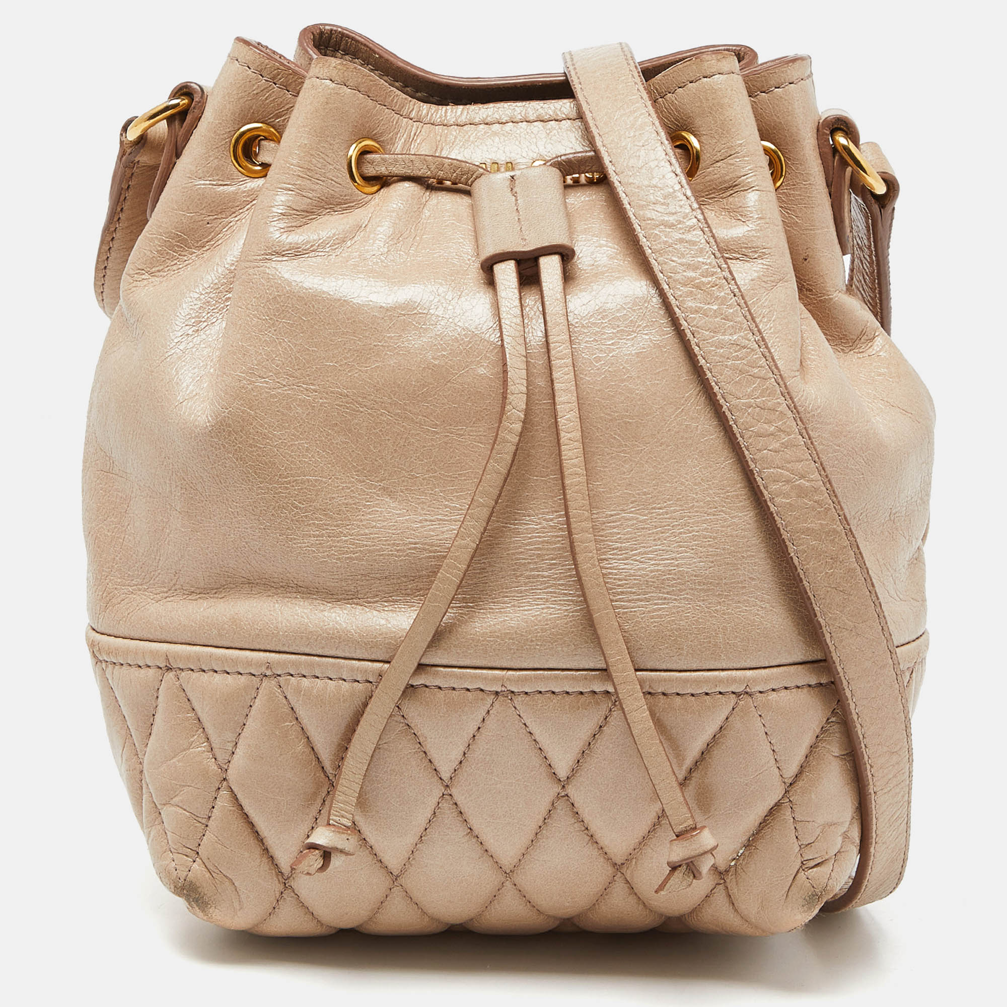 Shop Miu Miu Vitello Shine Leather Drawstring Bucket Bag In Beige