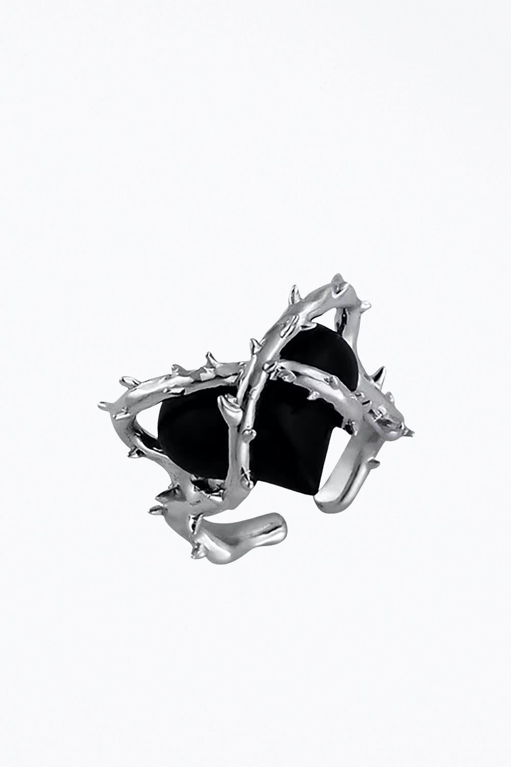Shop Videmus Omnia Tainted Love Stone Heart Open Ring In Silver/black