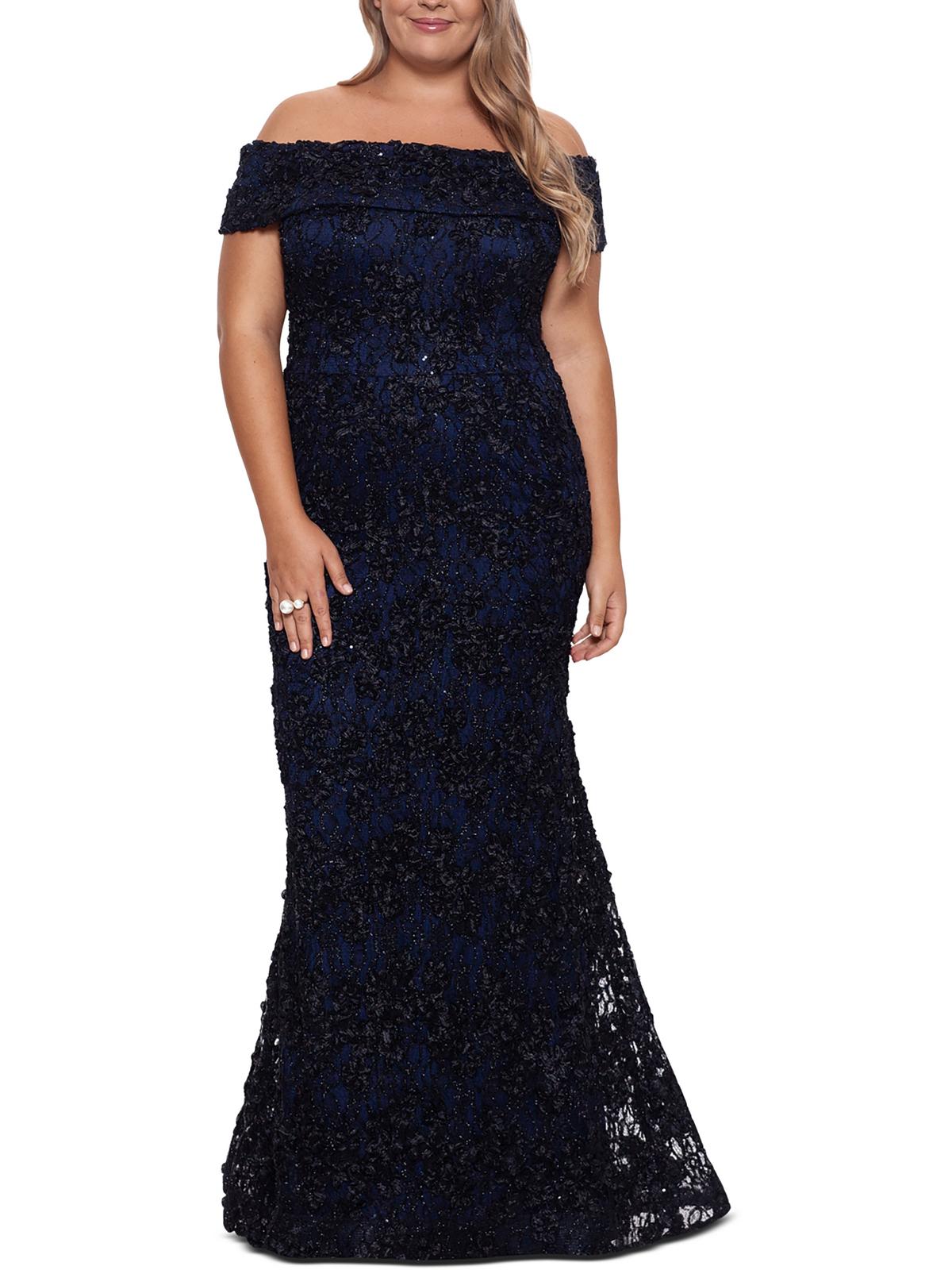 Shop Xscape Plus Womens Lace Overlay Off-the-shoulder Evening Dress In Blue