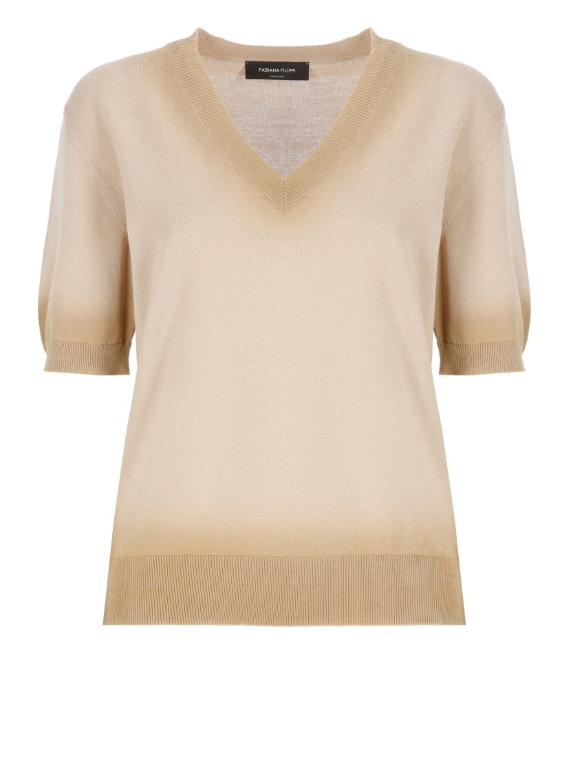 Fabiana Filippi Beige Cotton Sweater With V-neckline In Multi