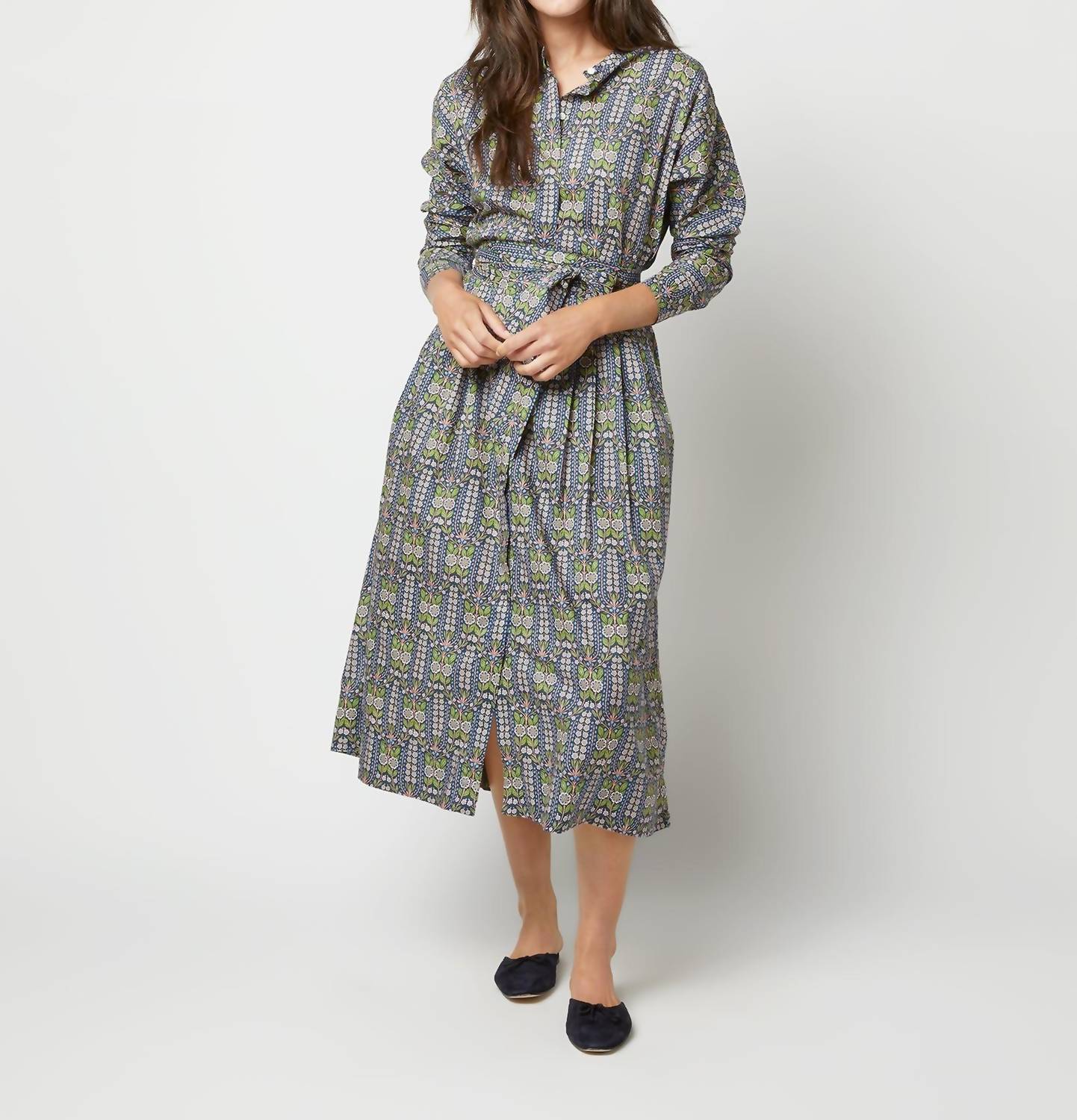Shop Ann Mashburn Kimono Shirtwaist Dress In Blue/green Lindsay Garden Liberty Fabric