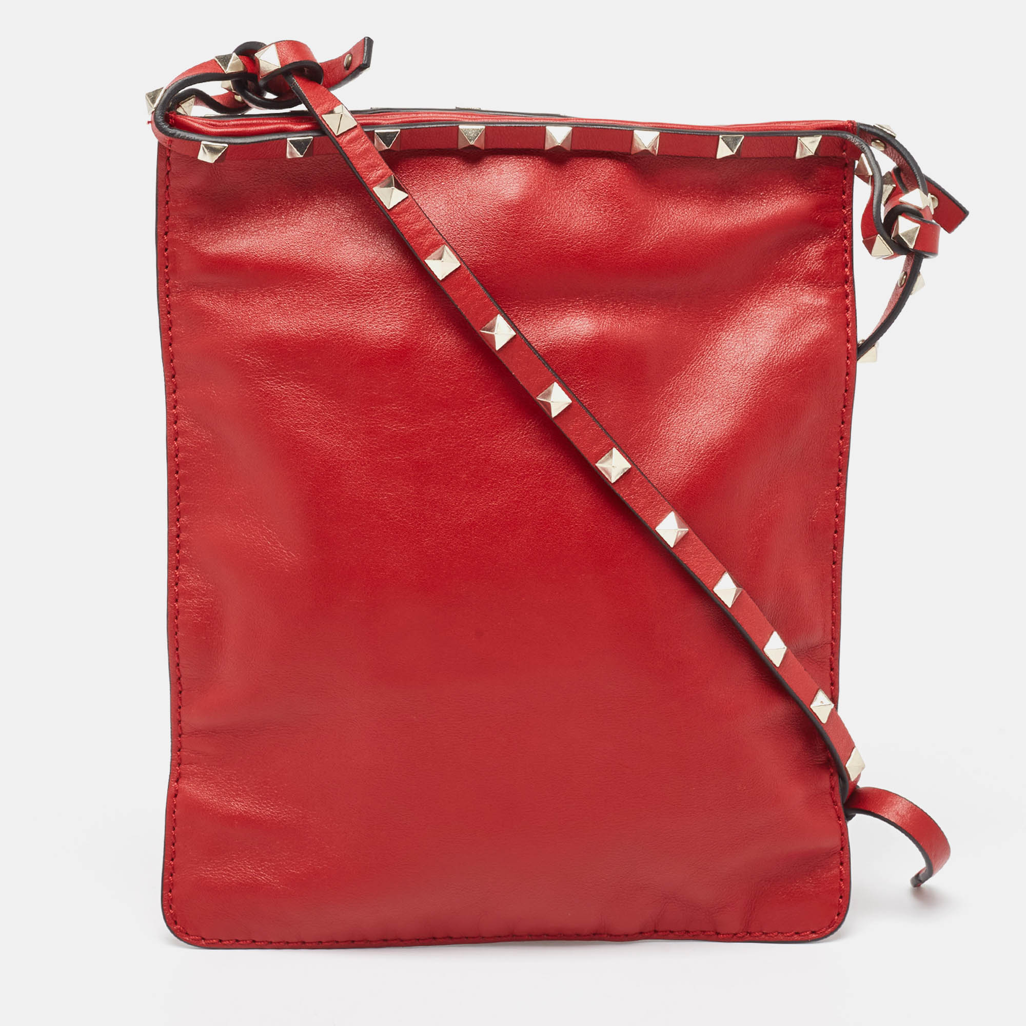 Shop Valentino Leather Rockstud Slim Crossbody Bag In Red