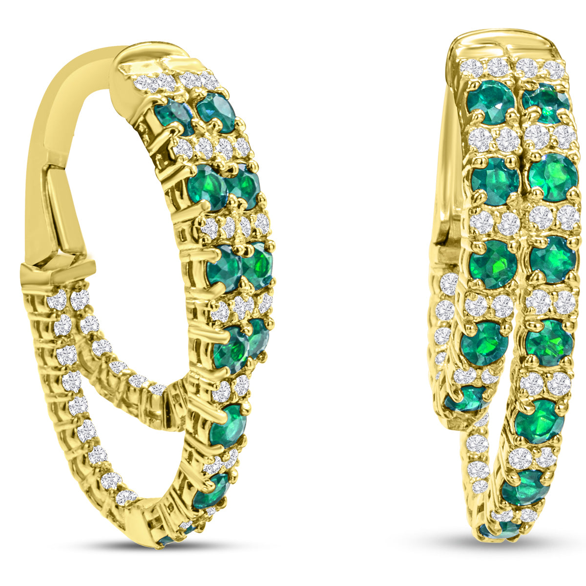 Sselects 2 1/2 Carat Emerald And Diamond Hoop Earrings In 14 Karat Yellow I-j, I1-i2 In Gold