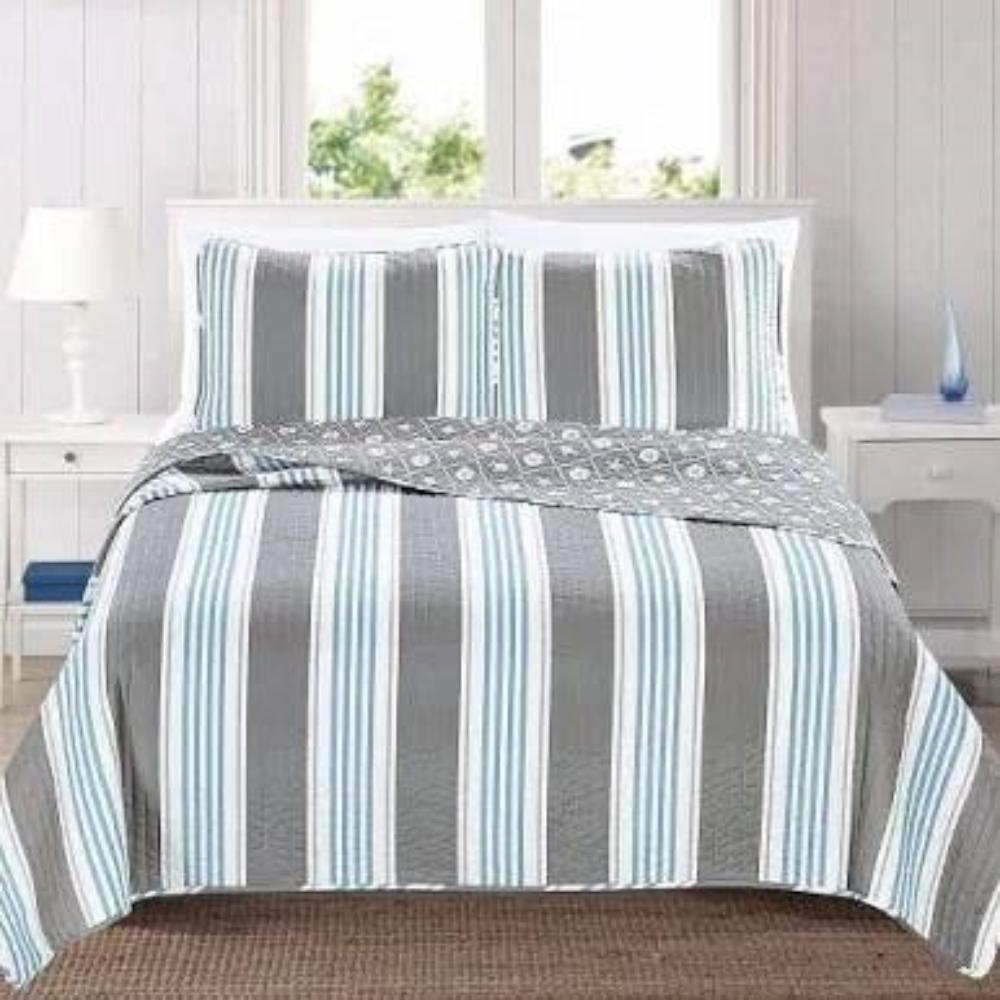 Hivvago Twin 2 Piece Coastal Starfish Sand Dollar Grey Blue White Nautical Quilt Set