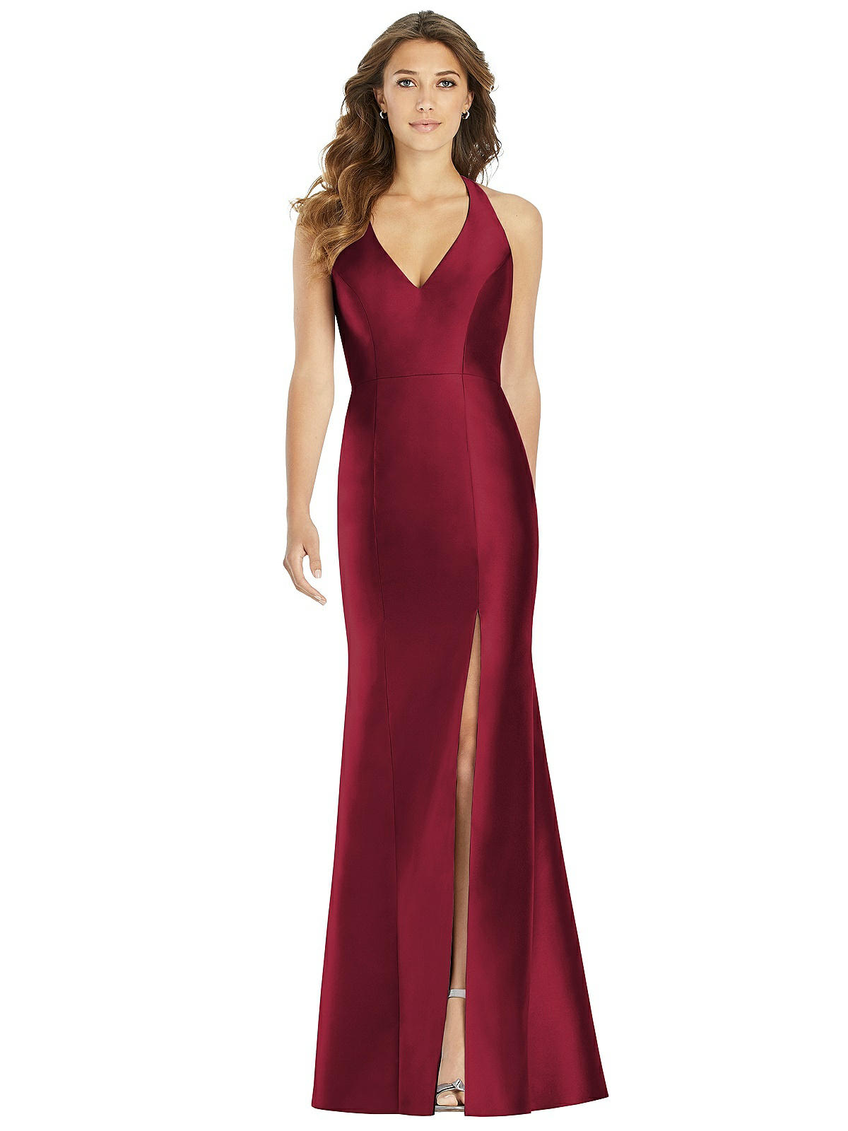 Alfred Sung V-neck Halter Satin Trumpet Gown In Red