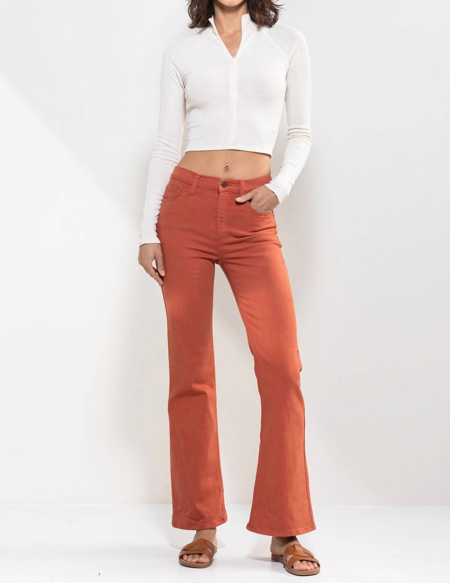 Shop Sneak Peek High Rise Solid Slim Bootcut Jeans In Rust In Brown