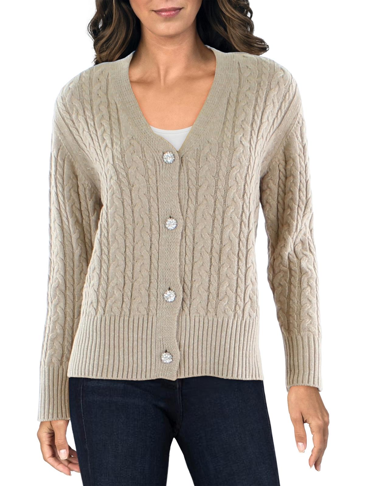 Shop Anne Klein Womens Embellished Cable Knit Cardigan Sweater In Multi
