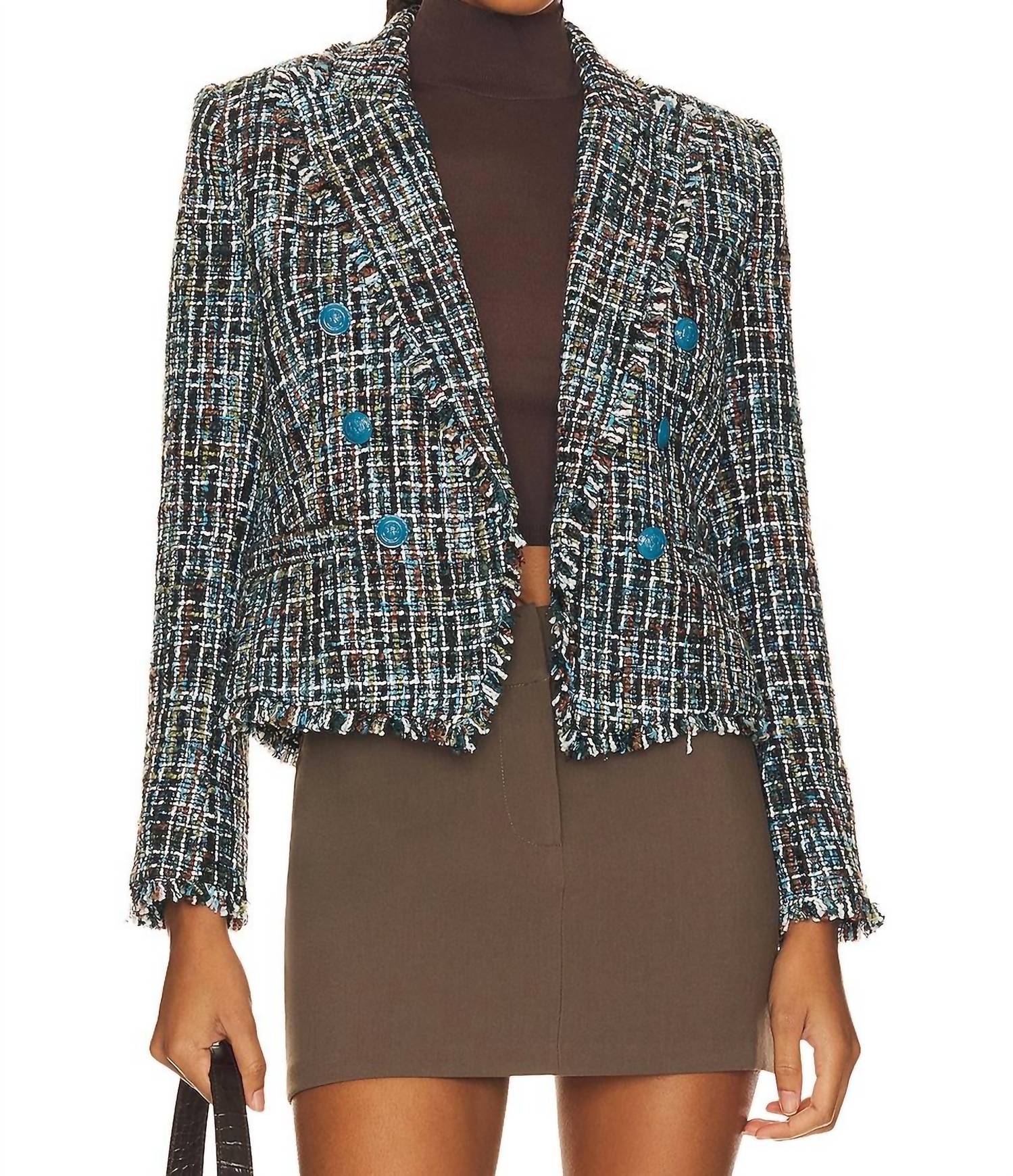 L Agence Brooke Blazer With Fringe In Green, Blue & Black Multi