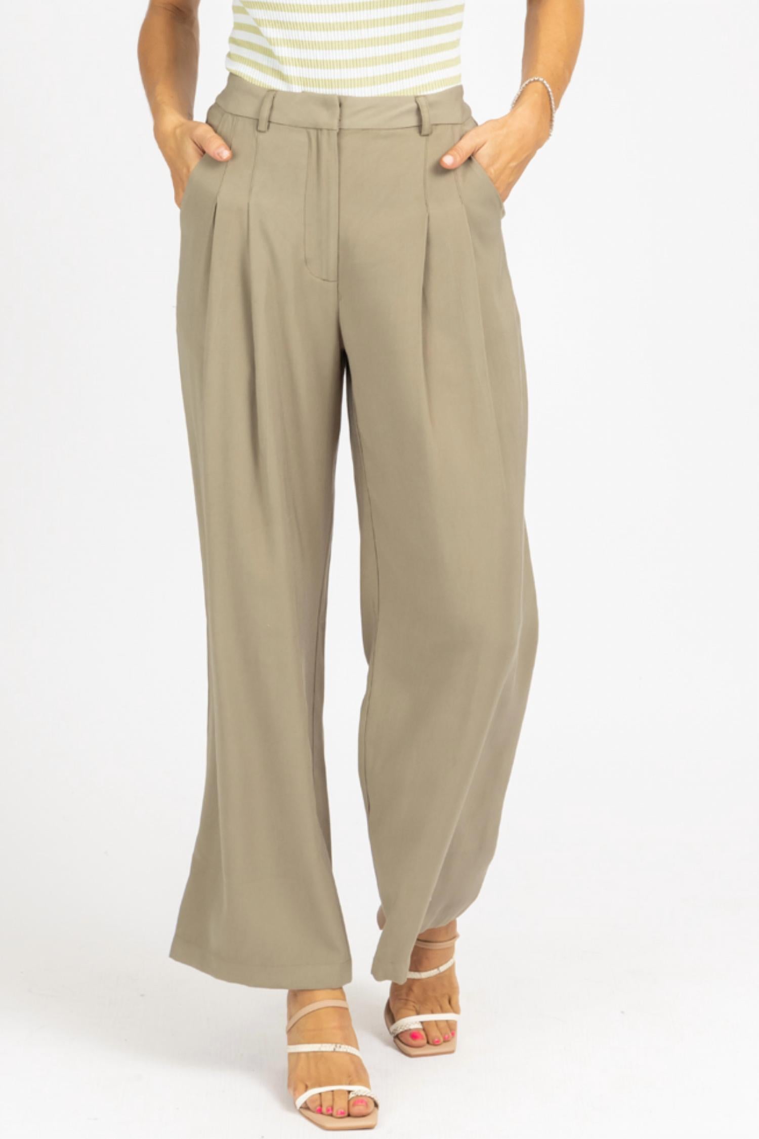 Shop Fore Pintuck Pleated Trouser In Olive In Beige