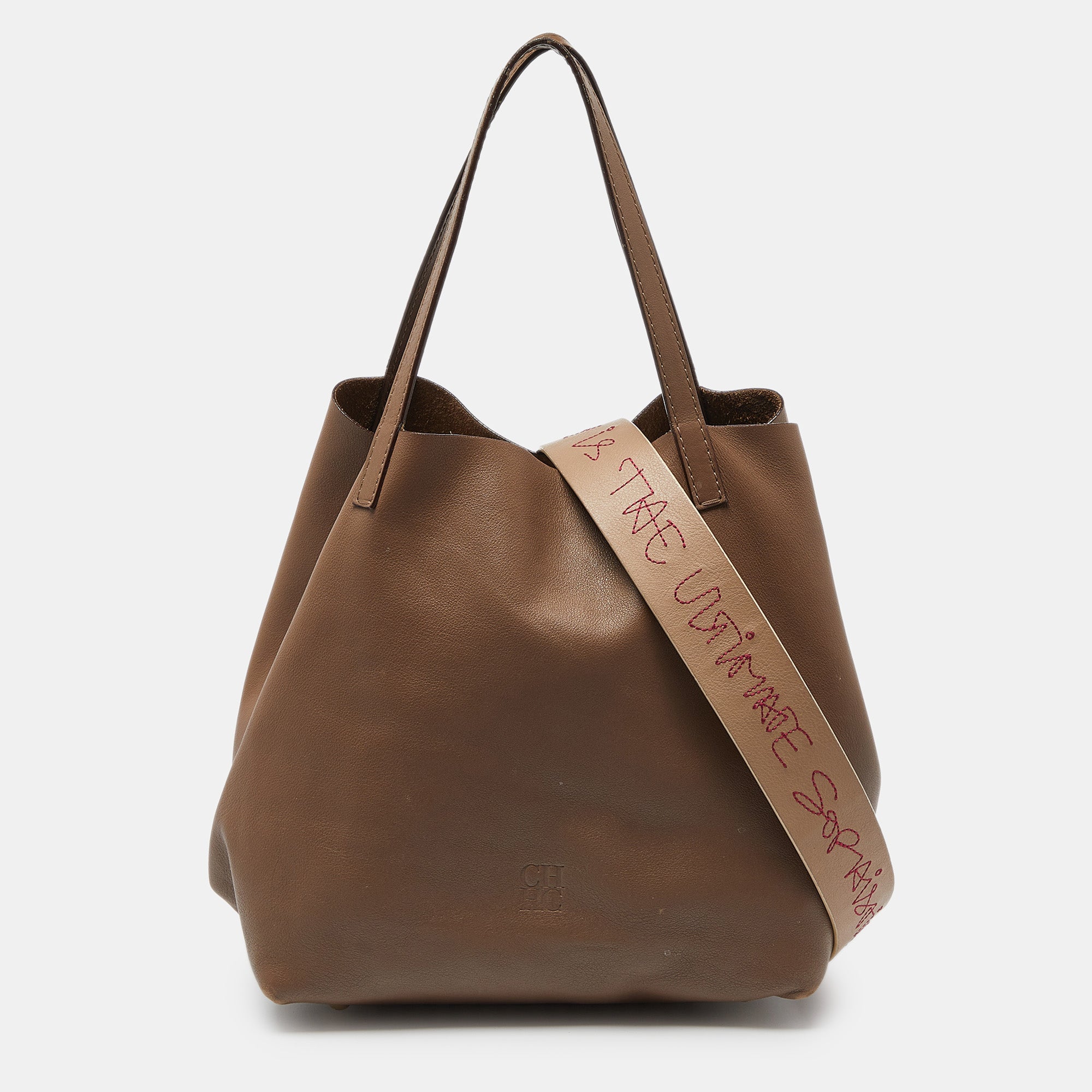 Ch Carolina Herrera Monogram Embossed Leather Matryoshka Tote In Brown