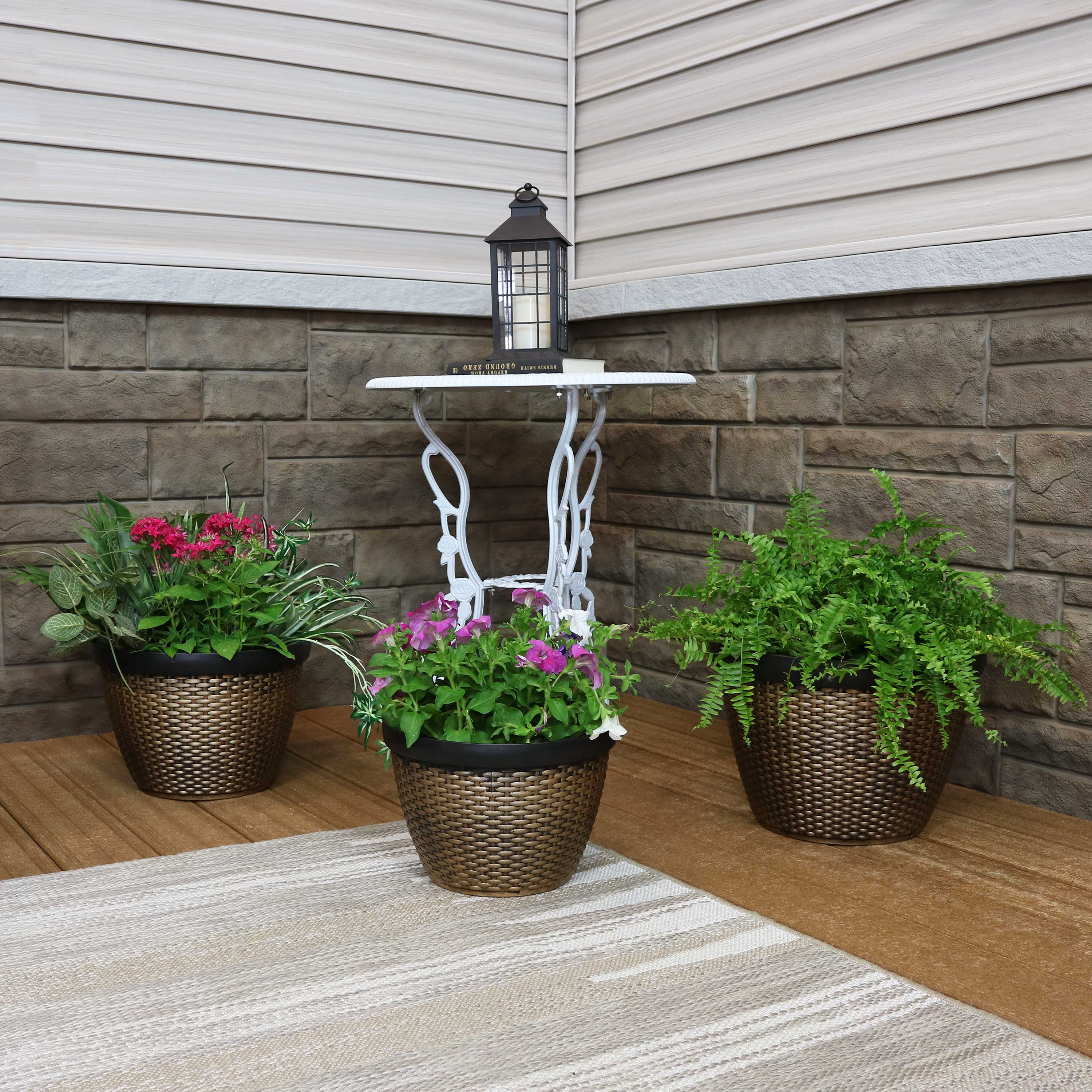 Sunnydaze Modern Decorative Resin Faux Basketweave Planter - 13", 15", and 17" Diameter - 3-Piece Set