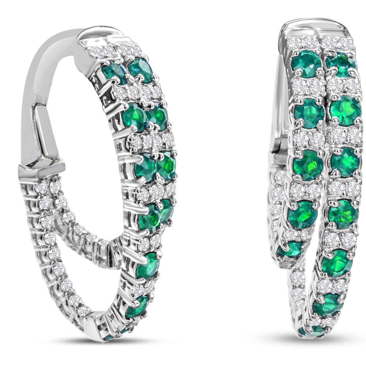 Sselects 2 1/2 Carat Emerald And Diamond Hoop Earrings In 14 Karat White I-j, I1-i2 In Gold