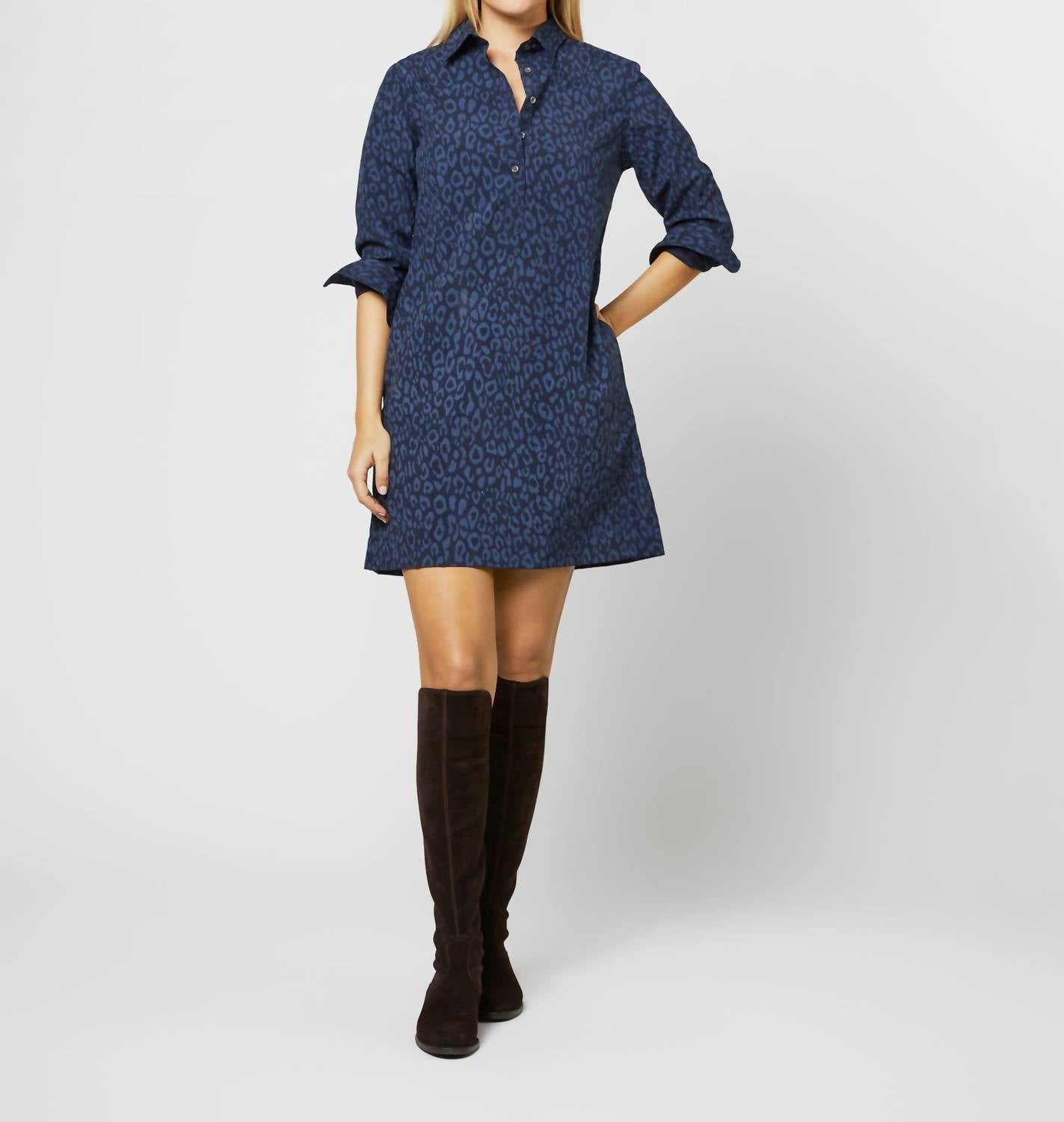 Shop Ann Mashburn Popover Dress In Navy Leopard Print In Blue