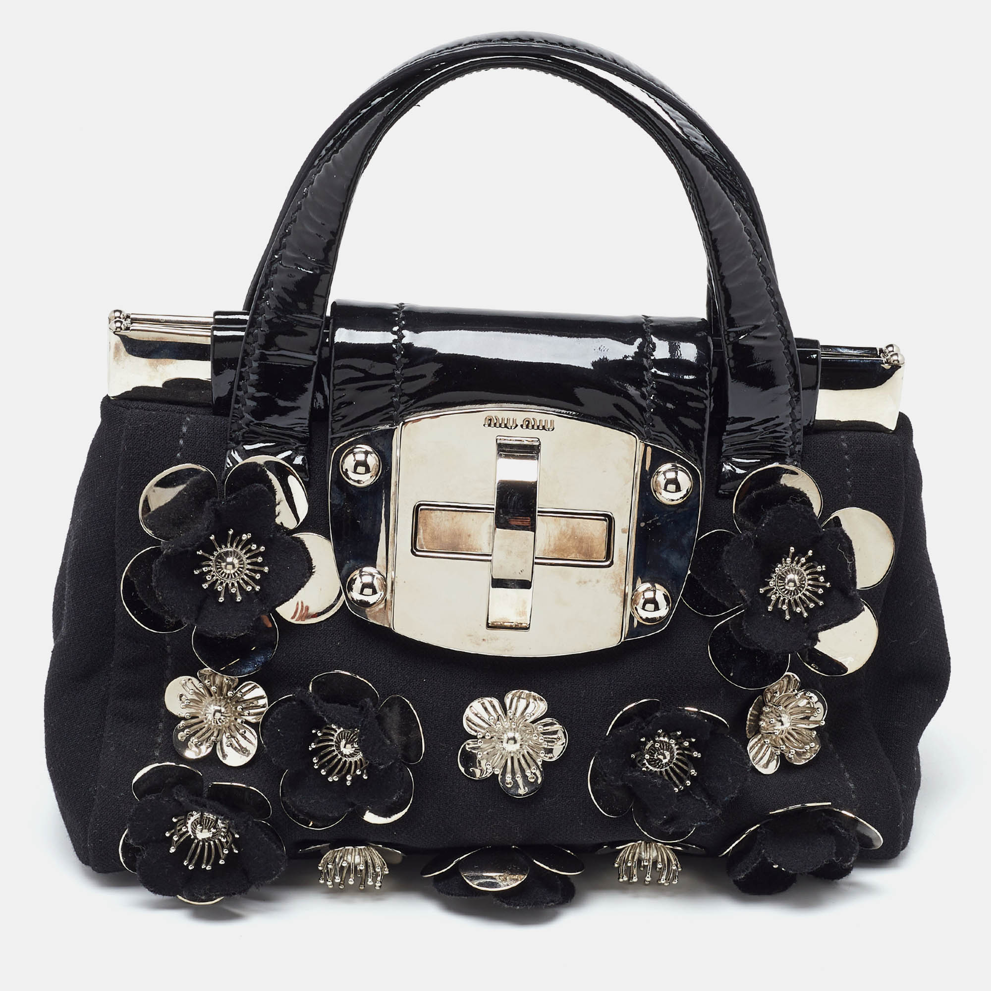 Miu Miu Canvas And Patent Leather Flower Embellished Satchel In Neutral