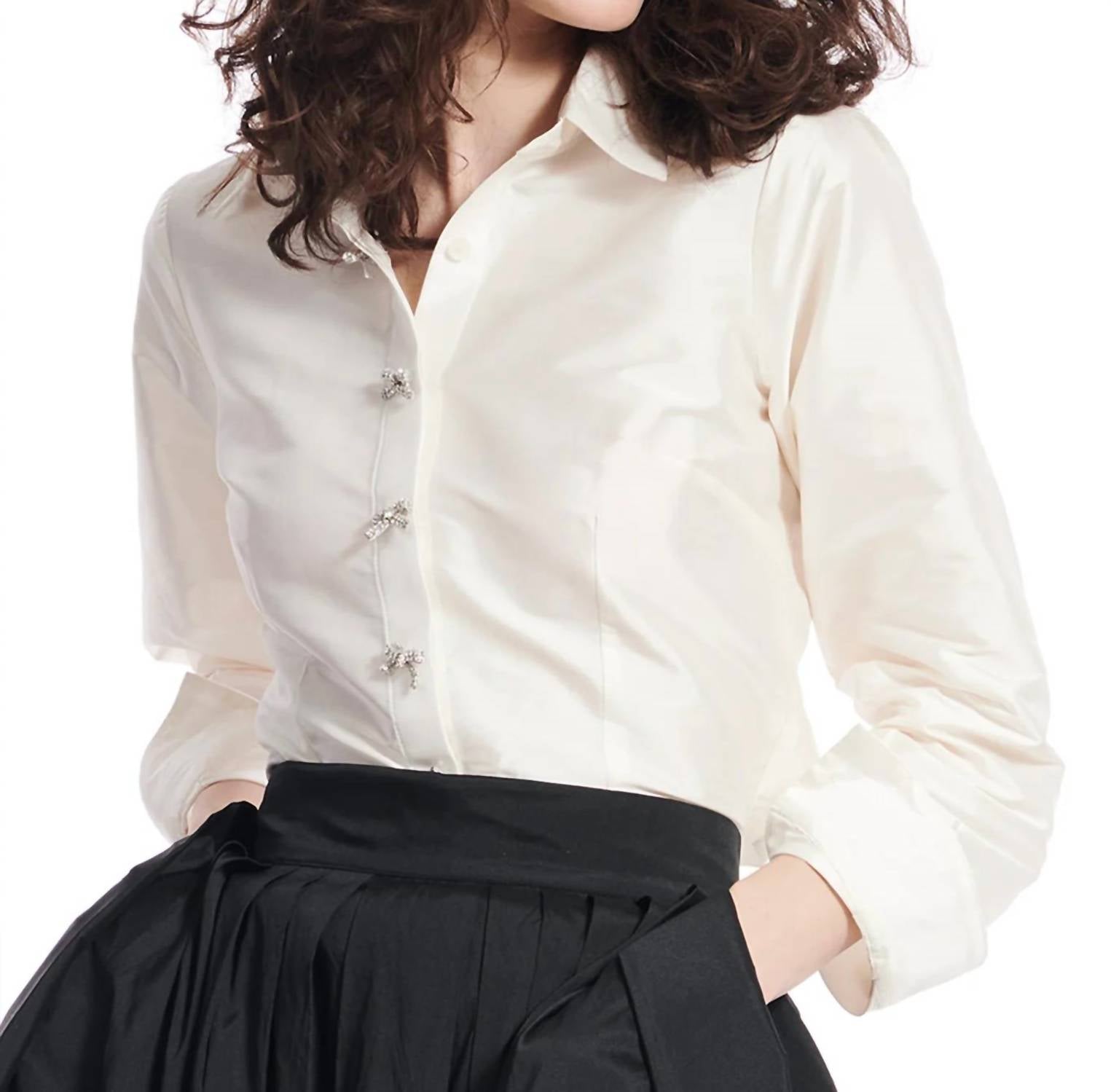 Emily Shalant Crystal Bow Taffeta Shirt In Cream In Neutral