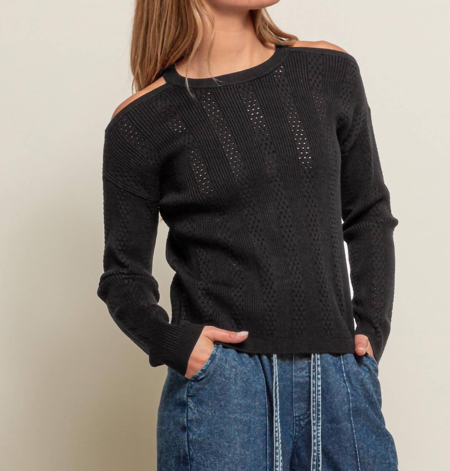 Shop Red Haute Cold Shoulder Sweater In Black In Grey