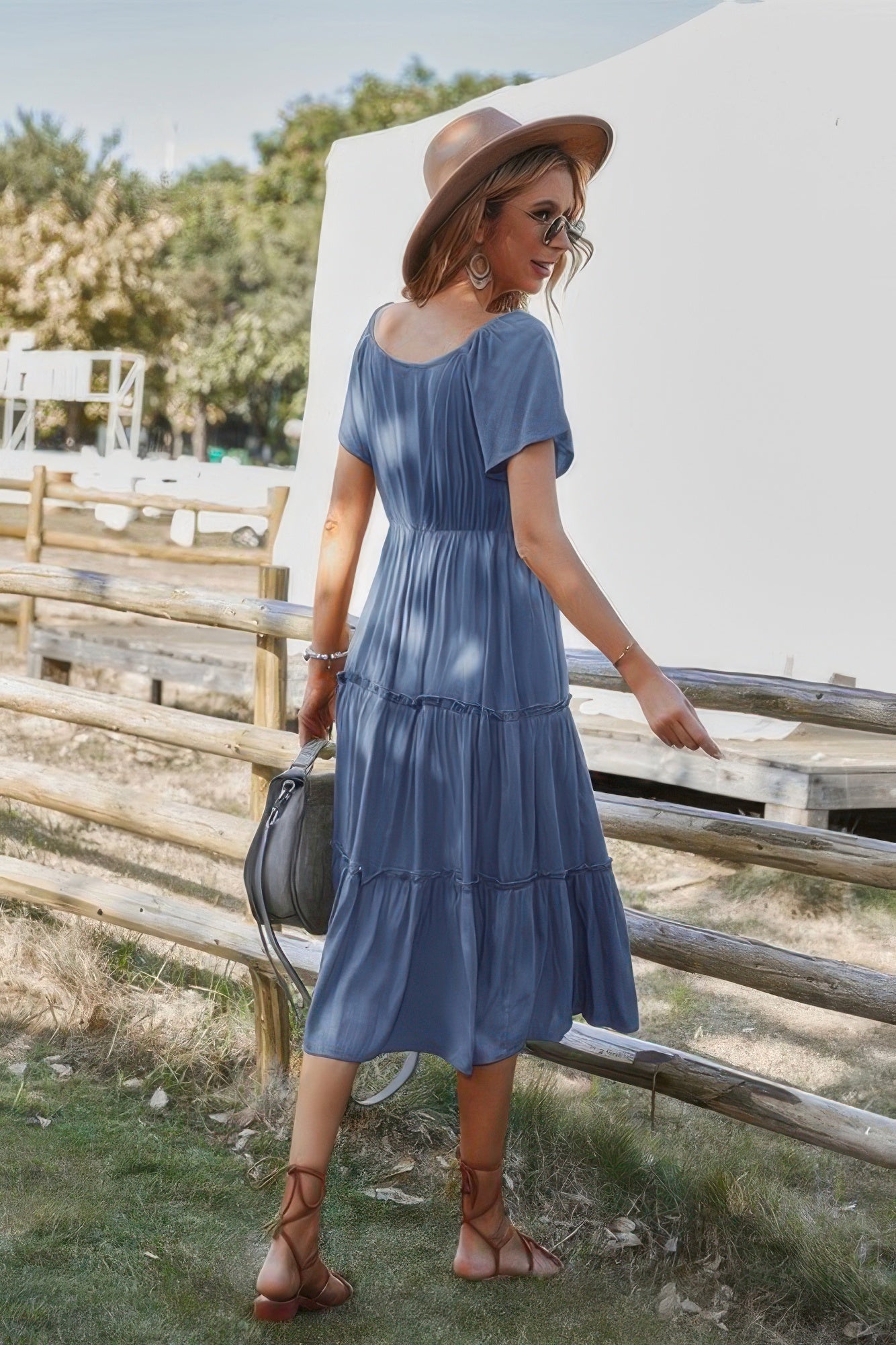 Fashnzfab Button V Neck Tiered Short Sleeve Midi Dress