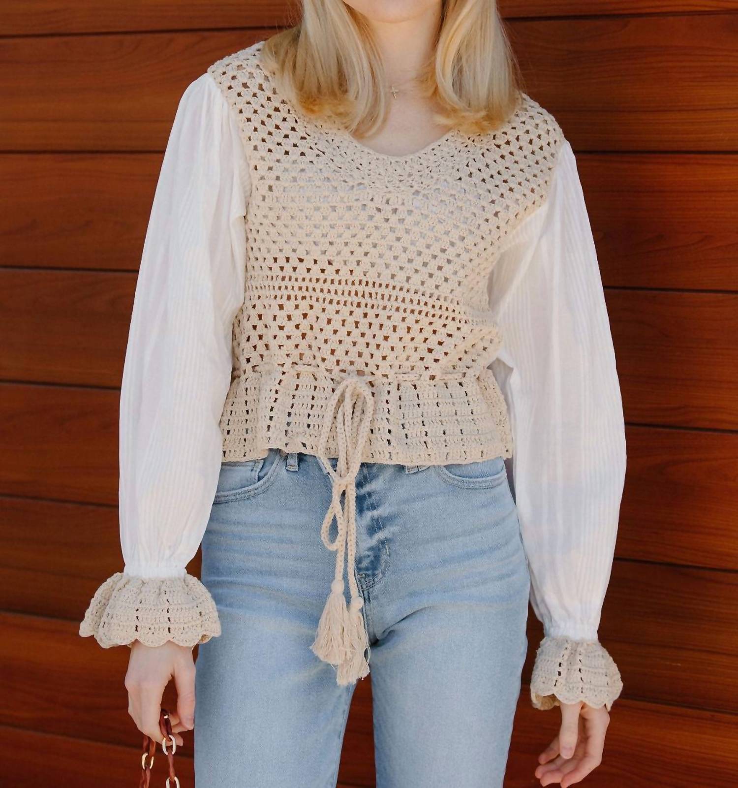 Shop Elan Crochet Mixed Media Top In Beige