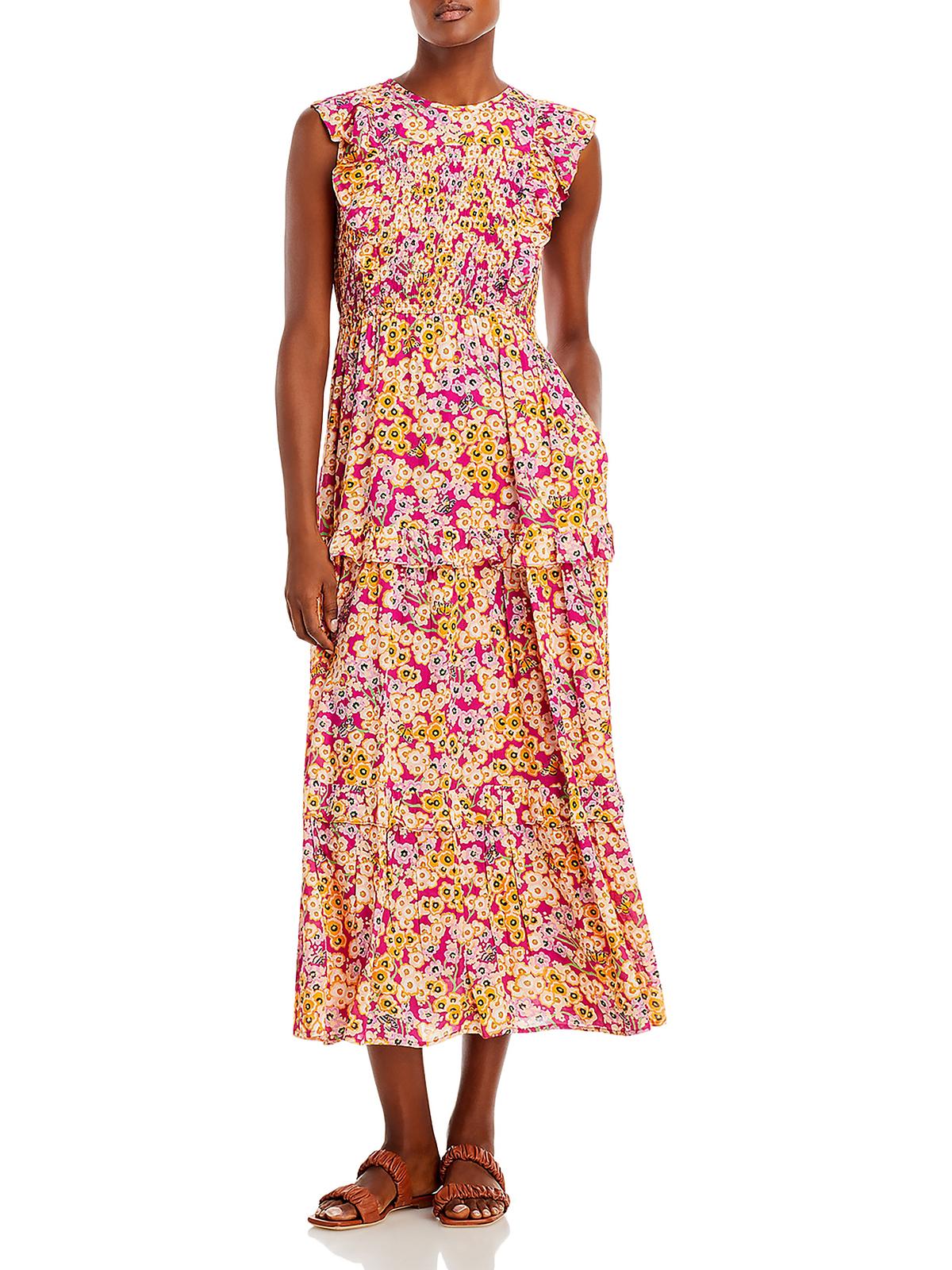 Banjanan Iris Womens Tiered Viscose Midi Dress In Pink