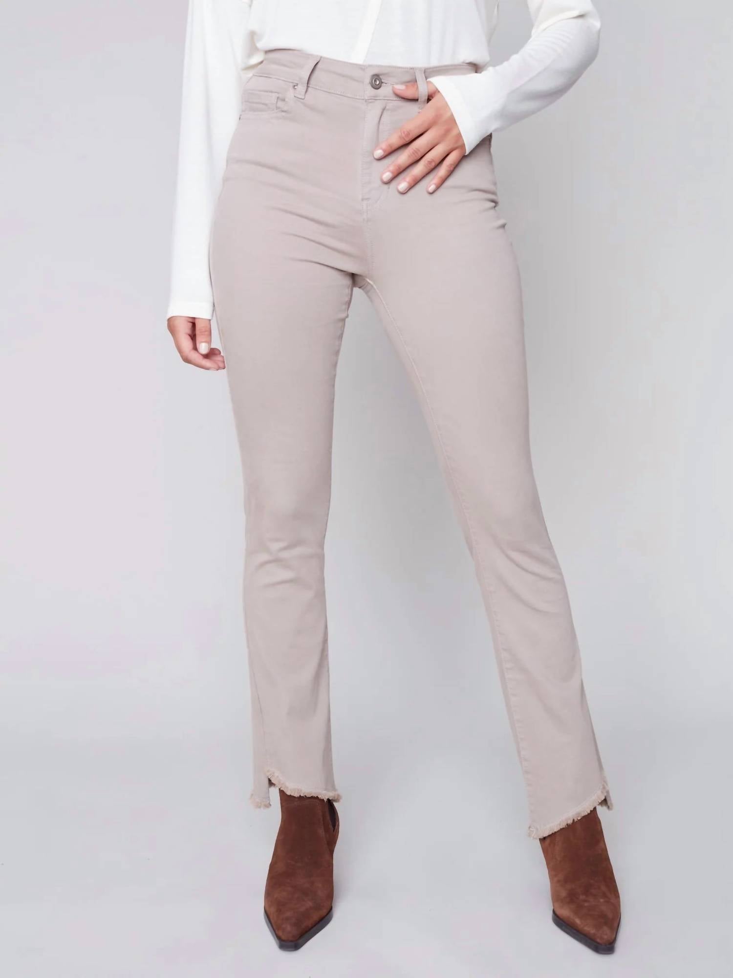 Shop Charlie B Bootcut Twill Pant With Asymmetrical Fringed Hem In Almond In Beige