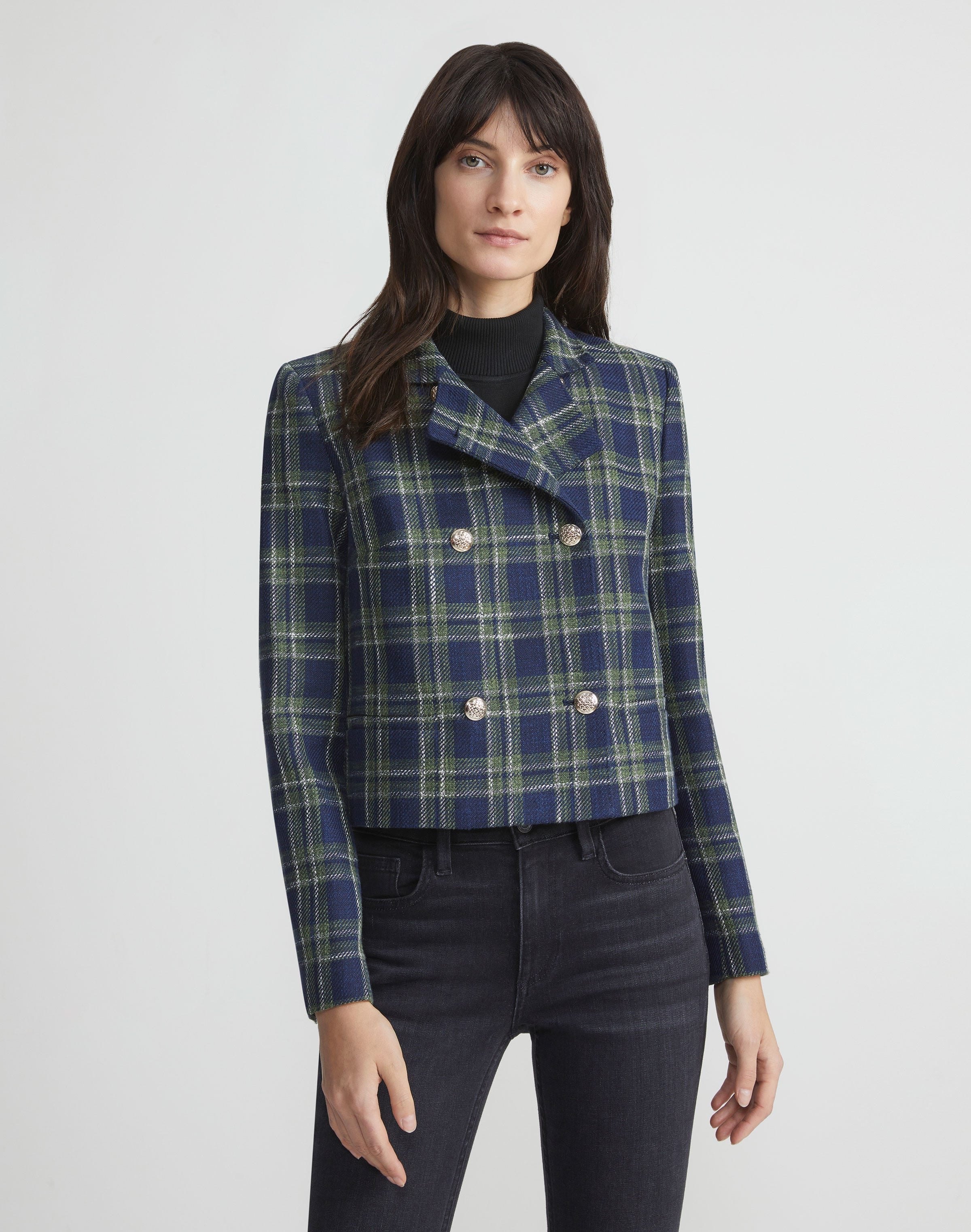 Shop Lafayette 148 Plaid Twill Double Breasted Blazer In Blue