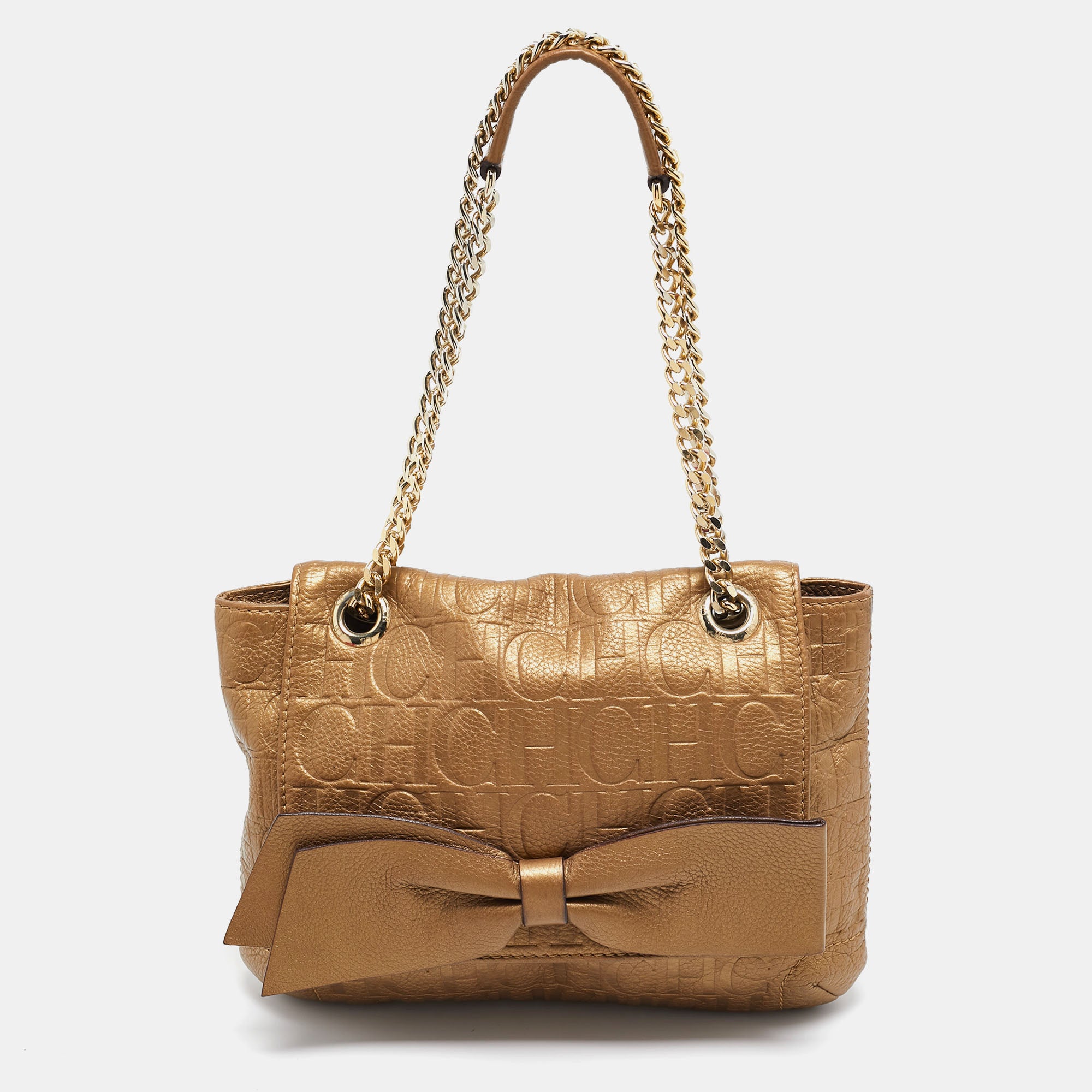 Ch Carolina Herrera Monogram Leather Audrey Shoulder Bag In Gold
