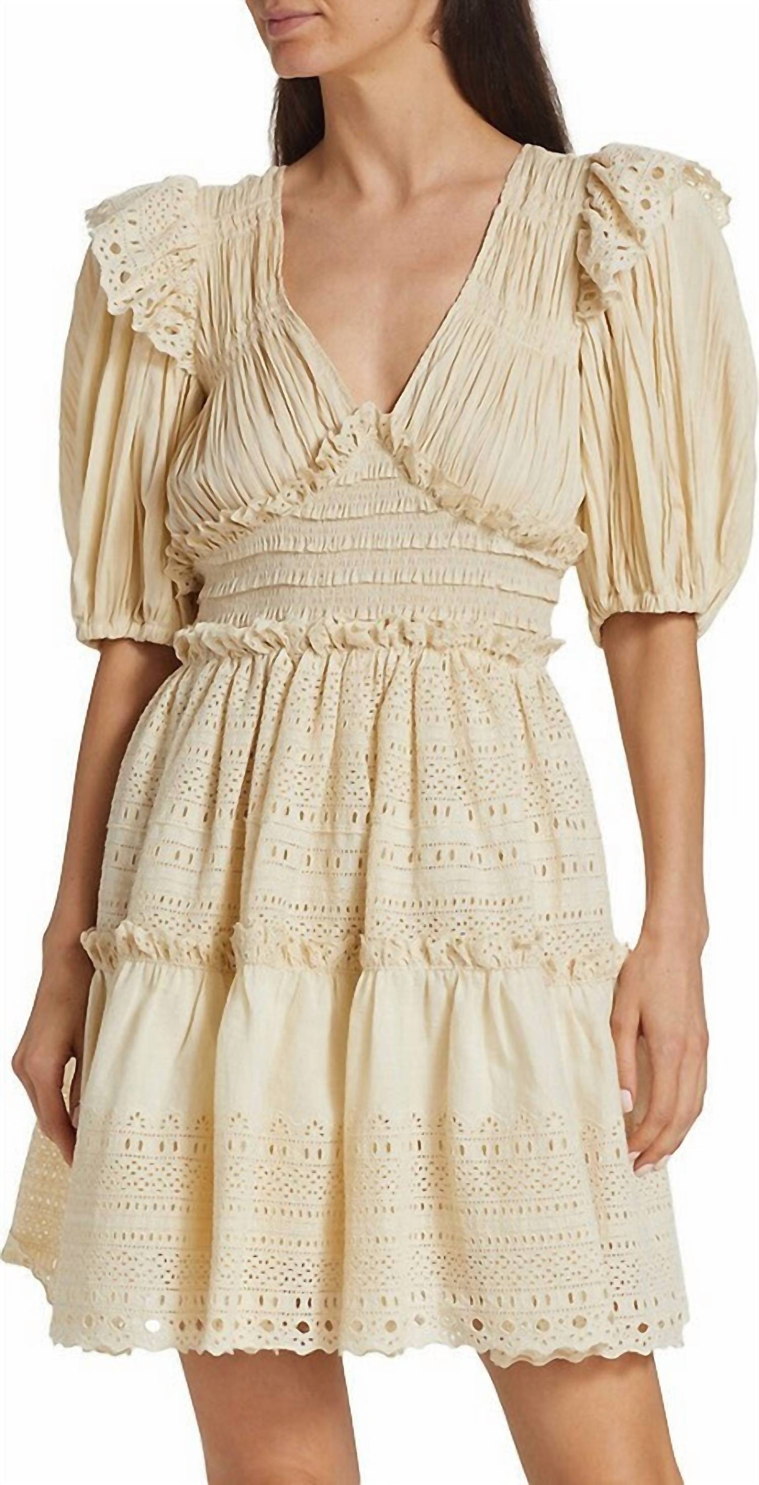 Shop Sea Women Marley Pleated Smocked Eyelet Mini Dress In Cream In Beige