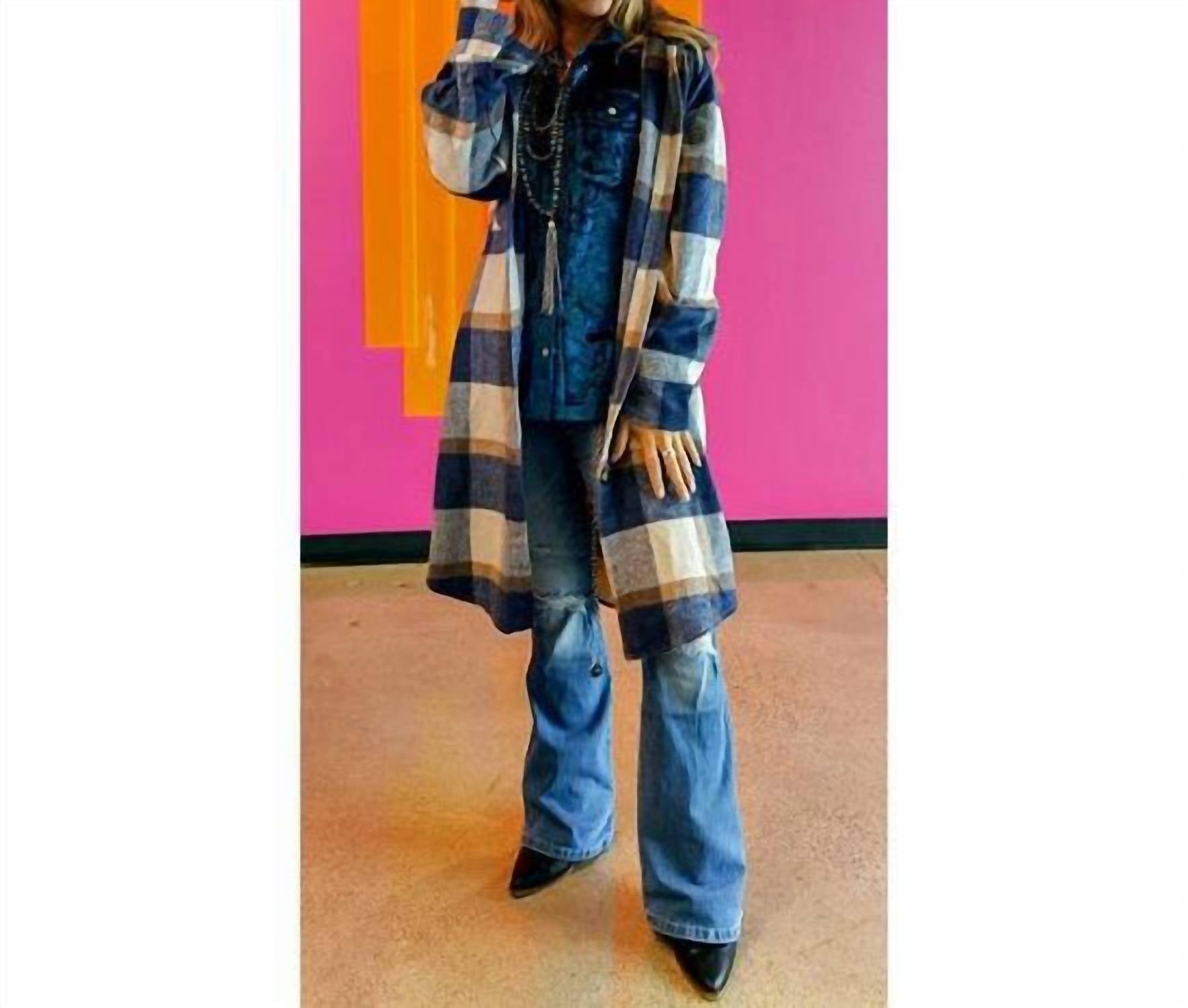 Shop Lucky & Blessed Long Fleece Shacket In Blue Plaid In Multi