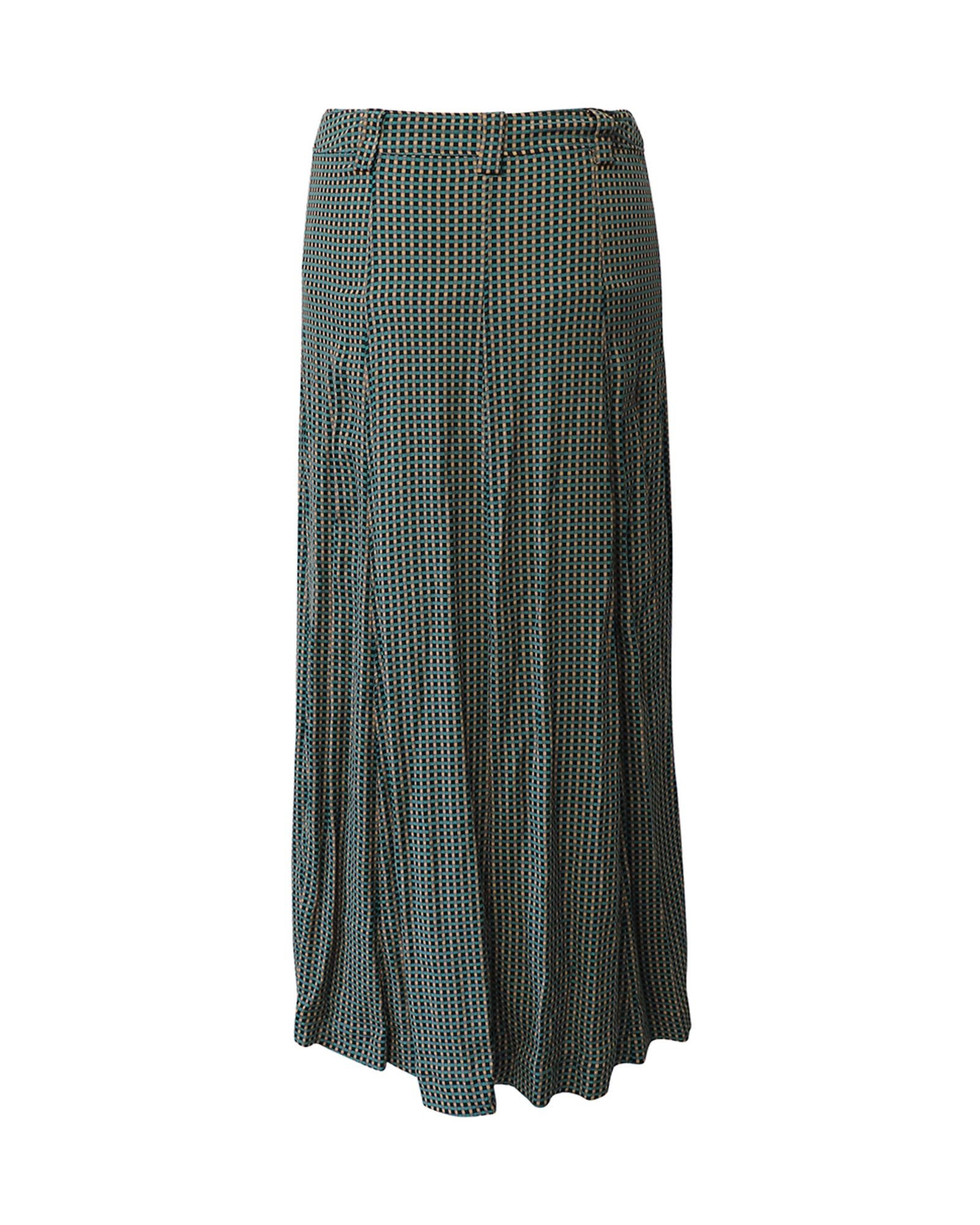 image of Ganni Check Print Maxi Skirt in Black and Green Viscose