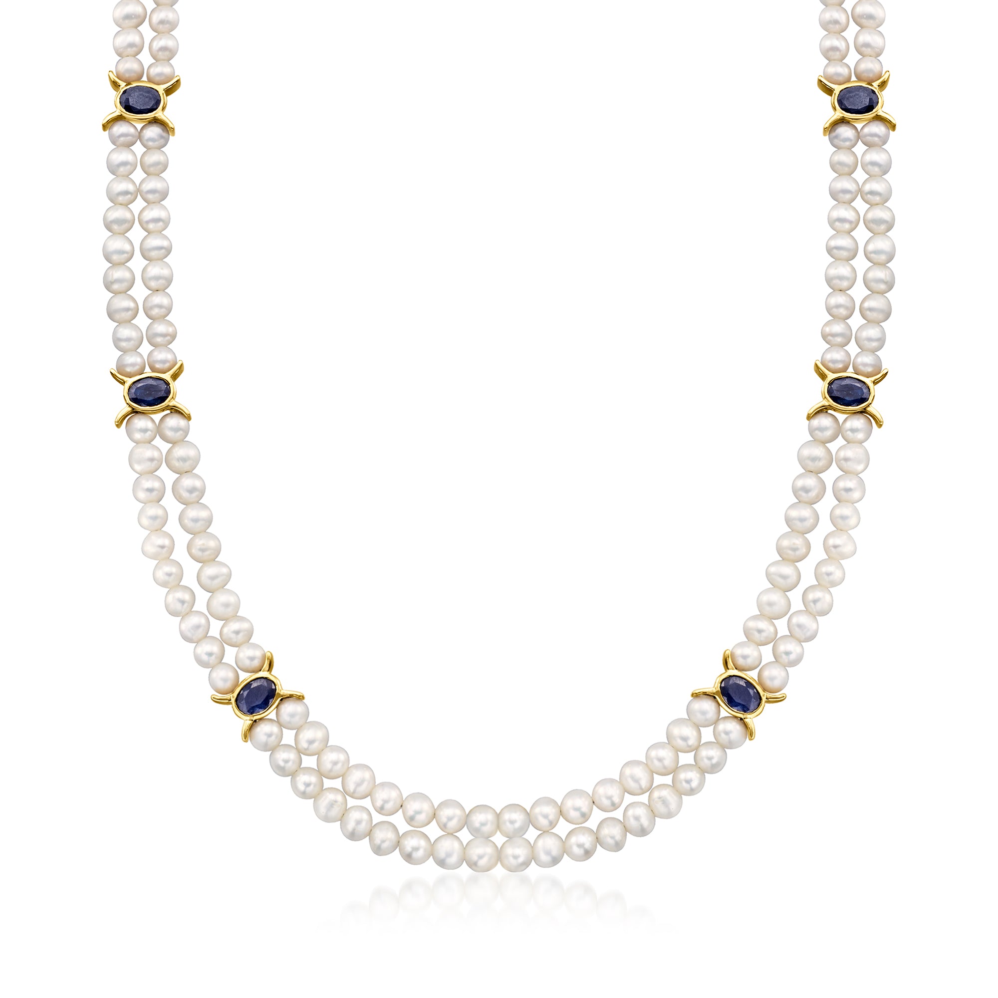 Ross-simons 4.5-5.5mm Cultured Pearl And Sapphire Station Necklace In 18kt Gold Over Sterling In Metallic