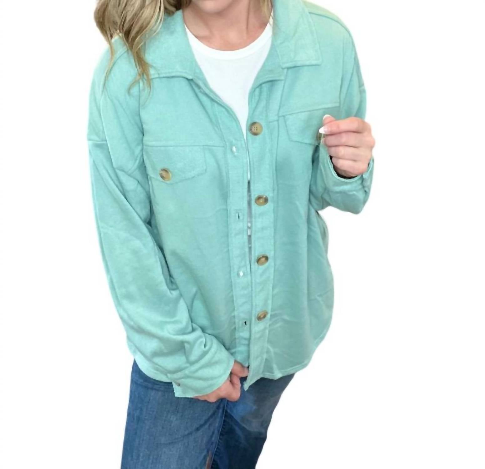 Shop Timing Malia Button Down Jacket In Sage In Blue