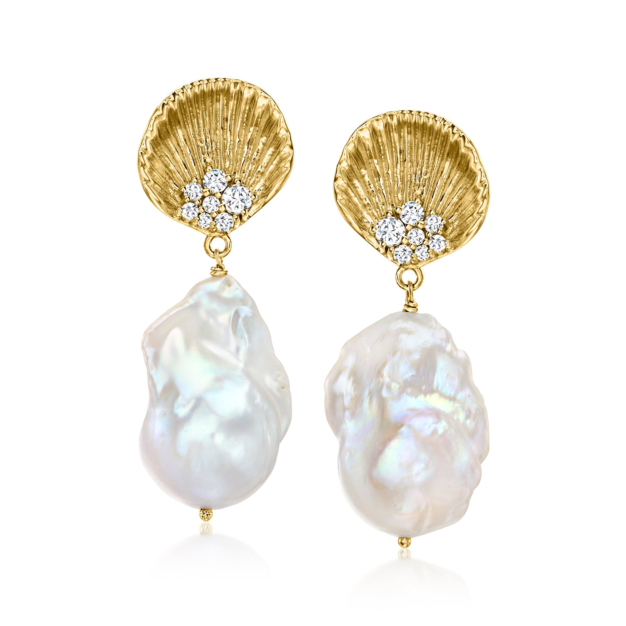 Ross-simons 14-17mm Cultured Pearl And . White Topaz Shell Drop Earrings In 18kt Gold Over Sterling