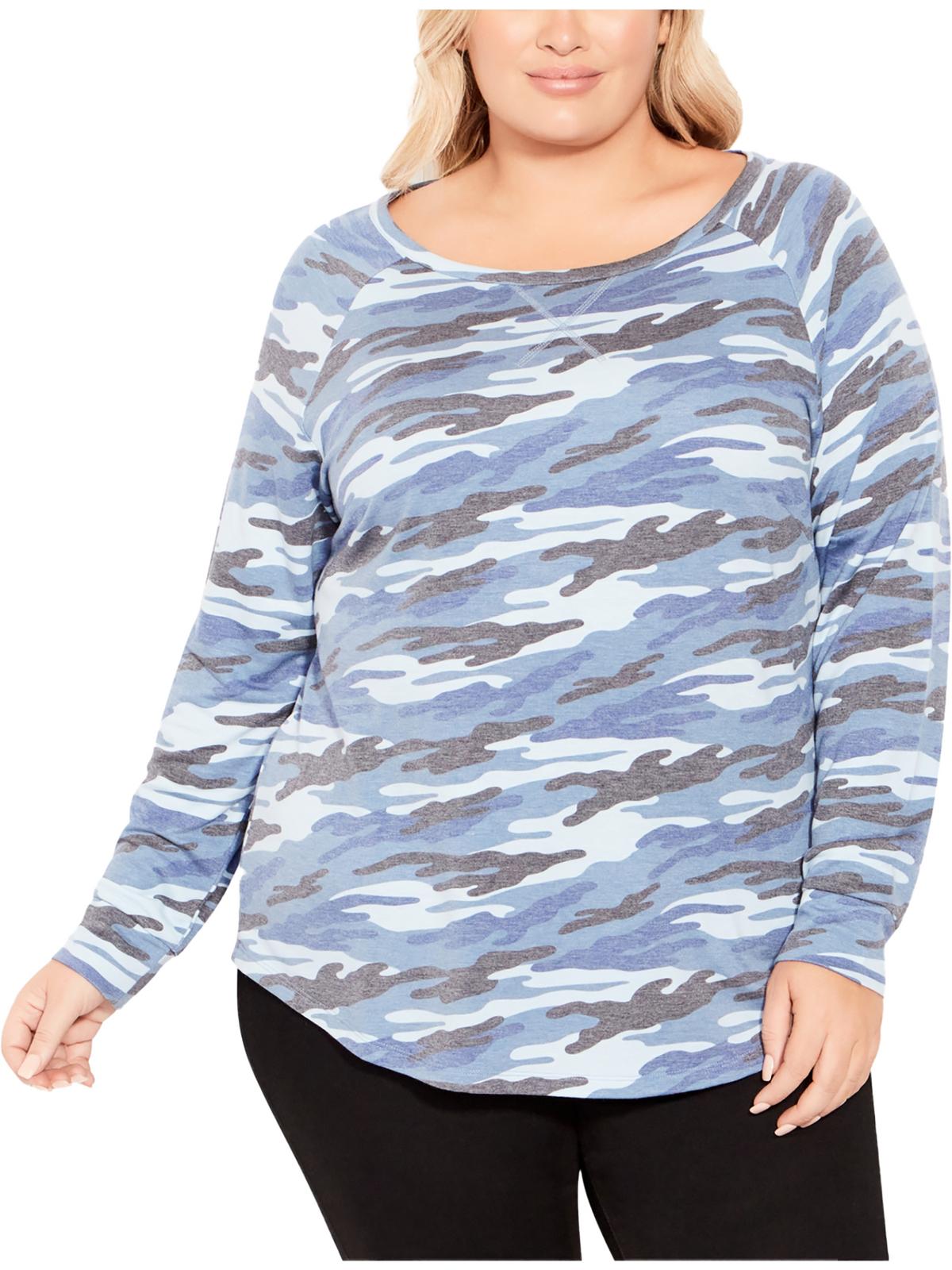 Shop Avenue Plus Womens Camo Long Sleeve Blouse In Blue