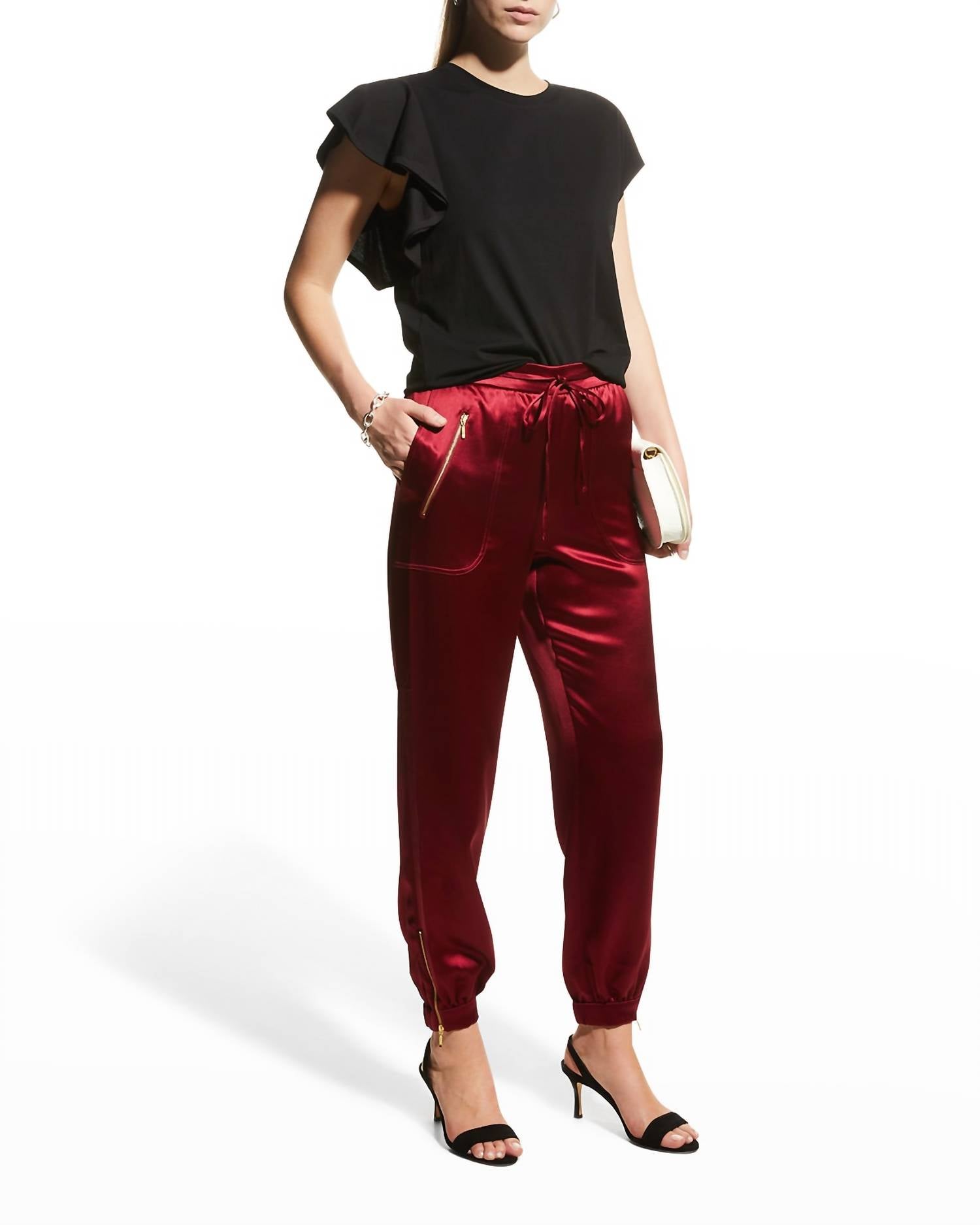 MILLY Rylan Hammered Satin Joggers In Wine