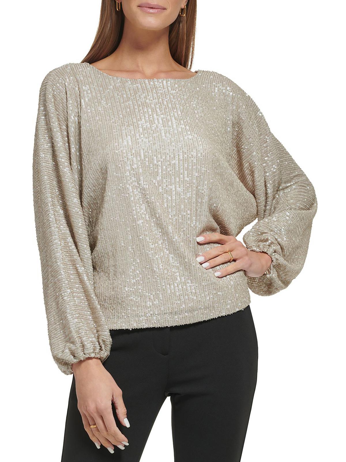 Dkny Womens Sequined Boatneck Blouse In Gray