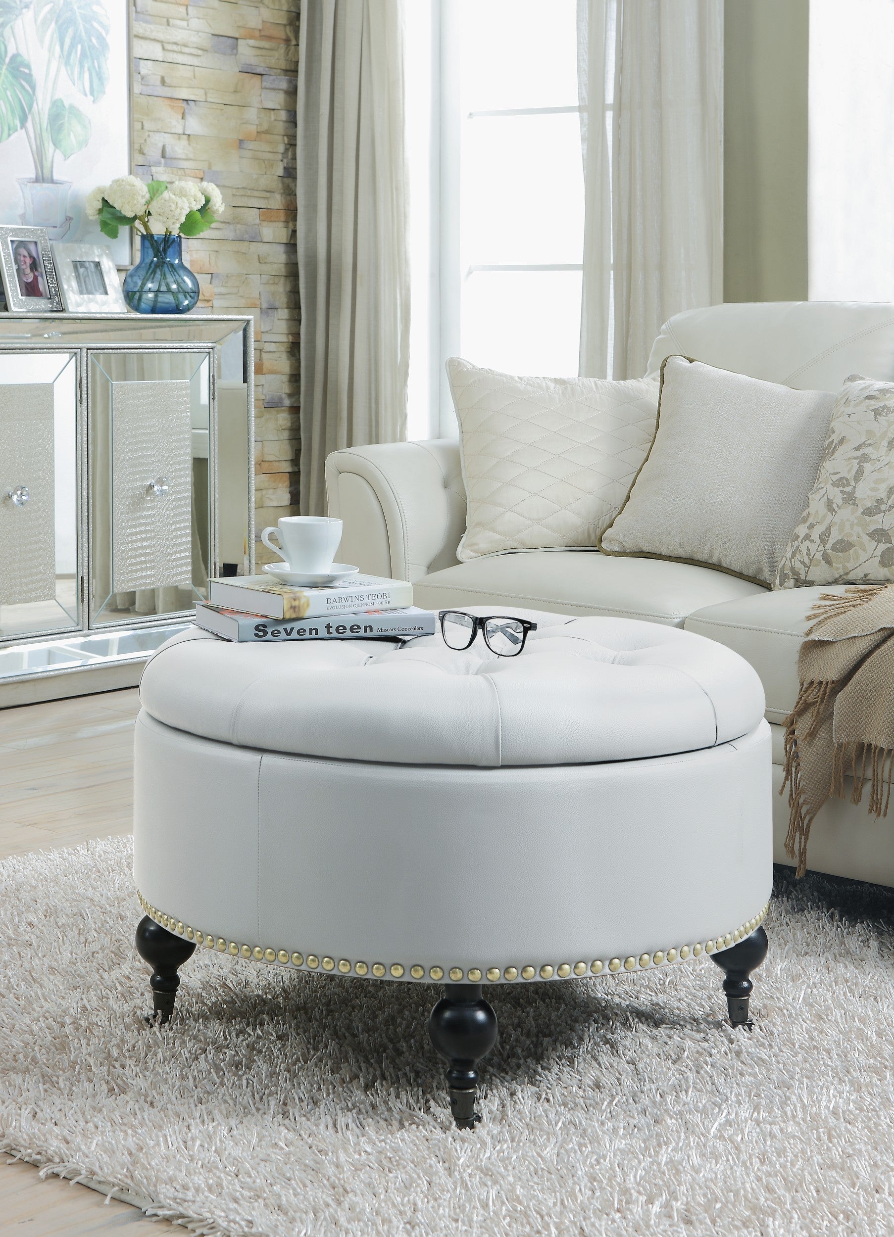 Chic Home Harriet Pu Leather Round Ottoman In Multi