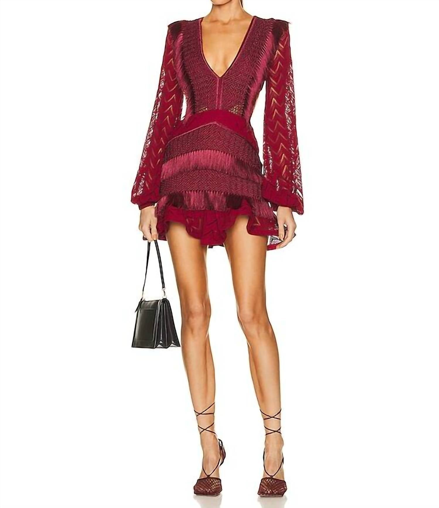 PATBO Fringe Detail Cut Out Mini Dress in Bordeaux Red